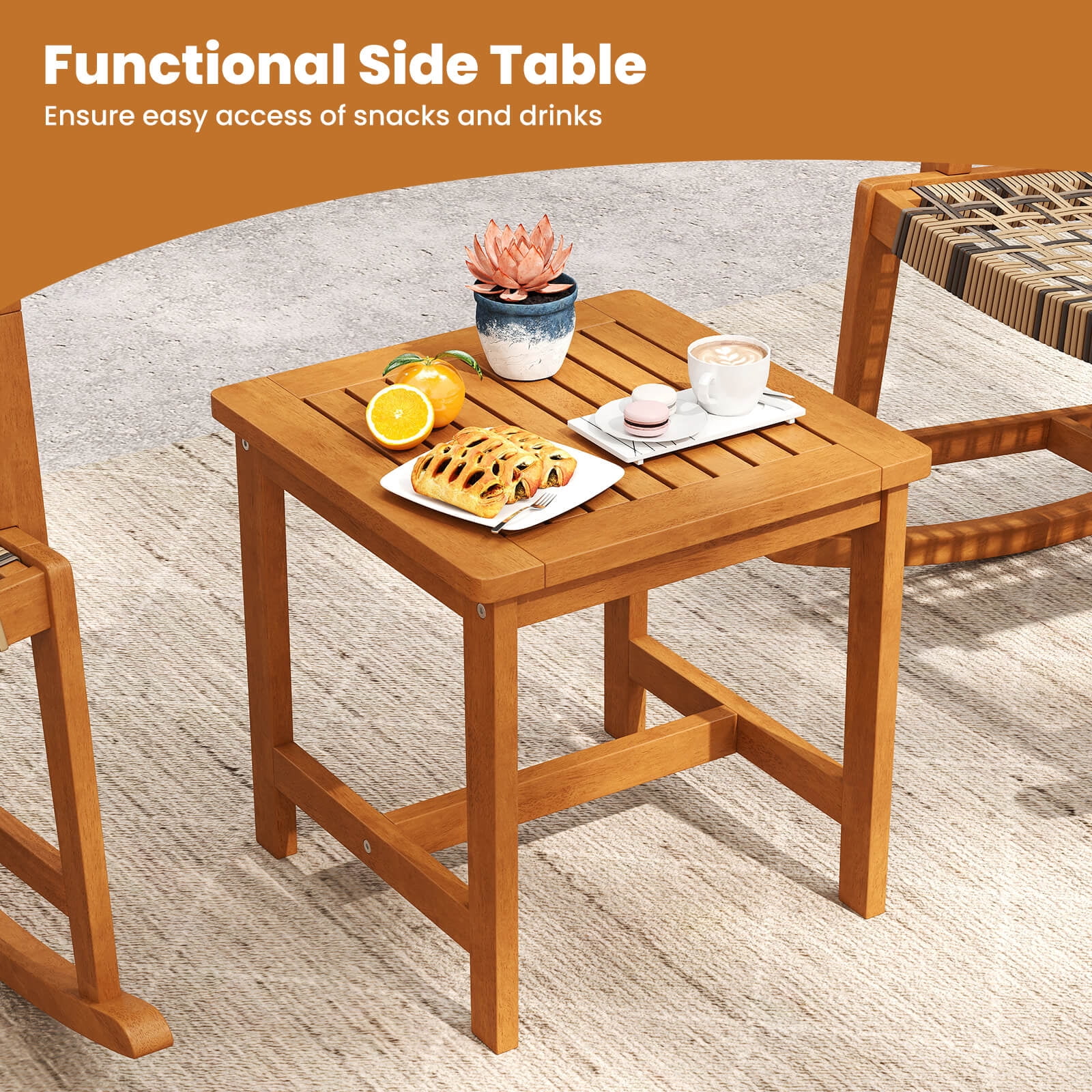 Costway 3 Piece Patio Rocking Bistro Set with Rattan Chairs and Square Side Table (Brown, 3 Piece Set) z81pt