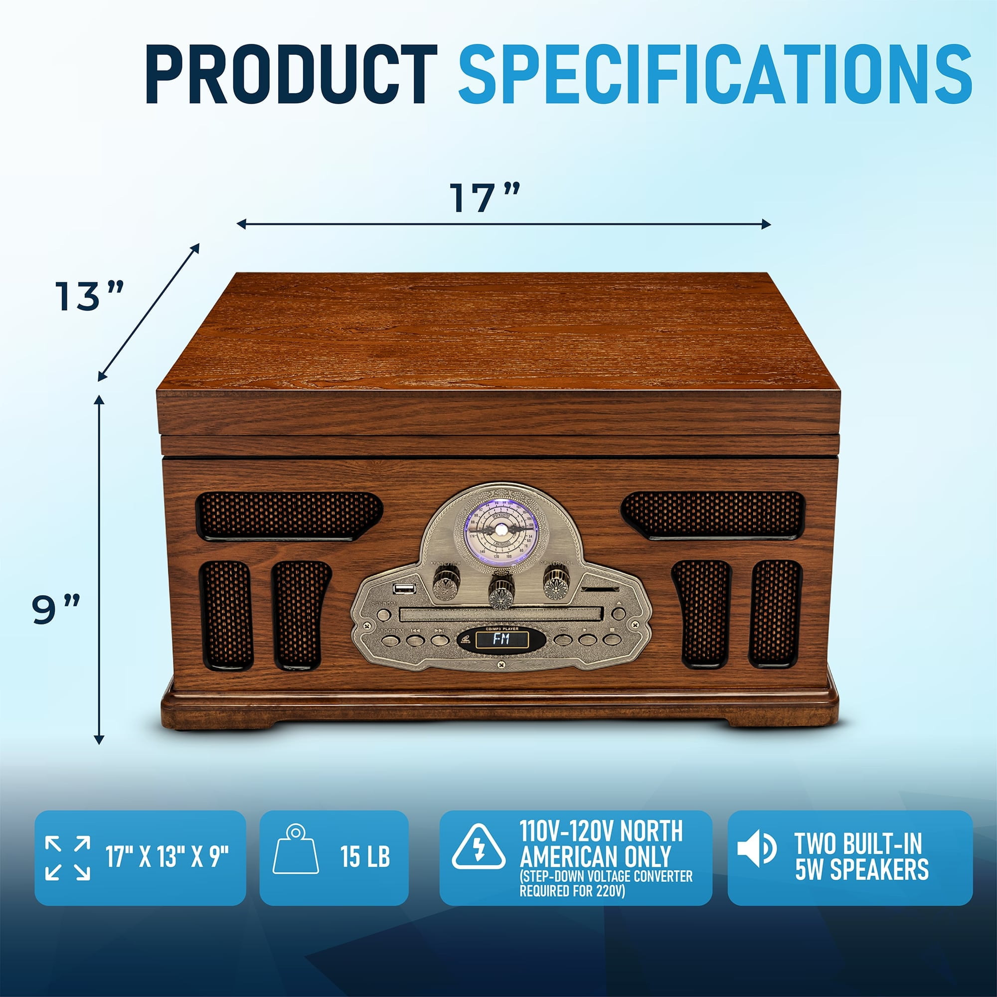 SoundBeast All-in-One Vintage Turntable with Bluetooth, CD, Cassette, and AM/FM Radio (Brown, 17 in x 13 in x 9.3 in) lersp