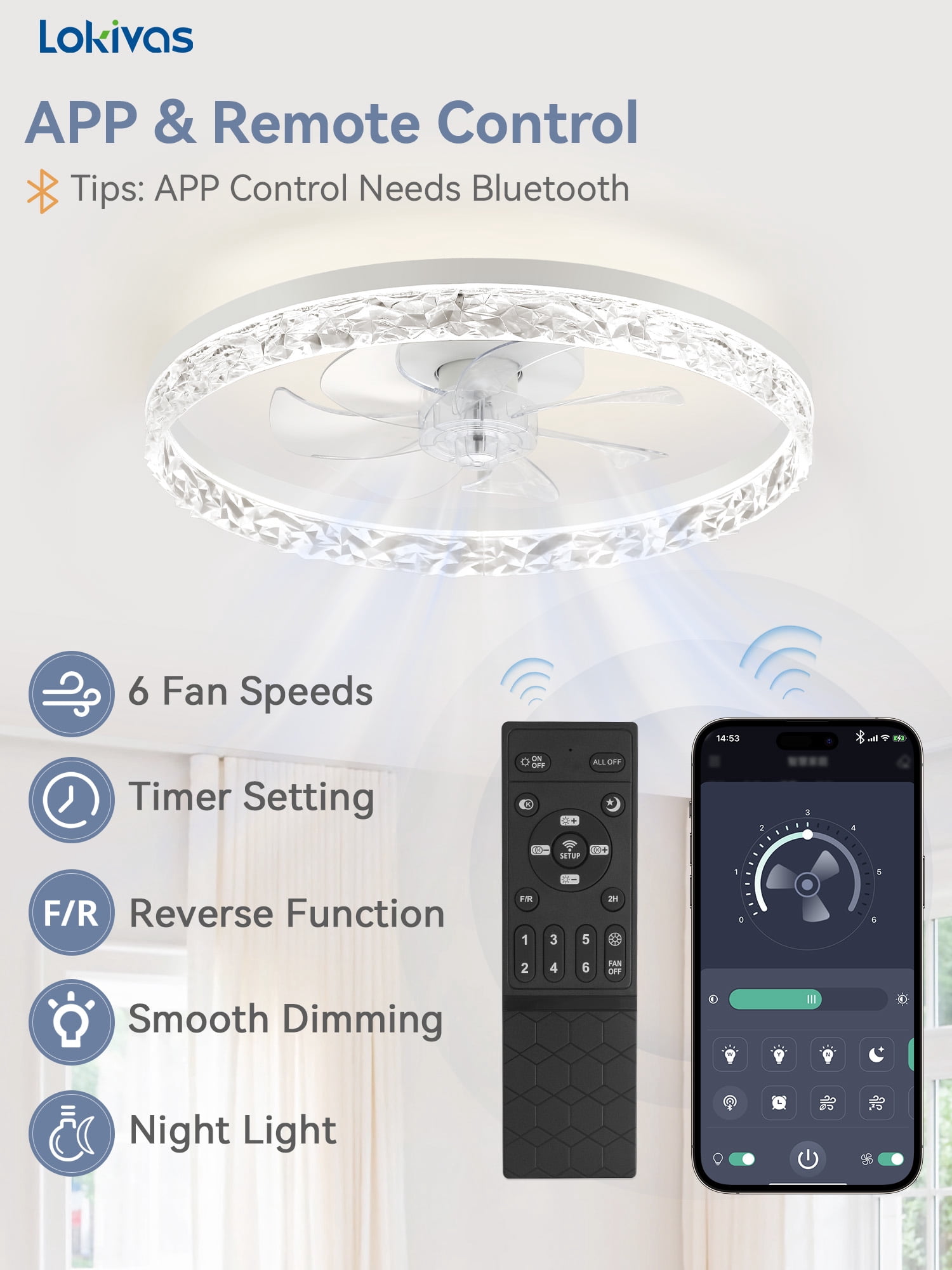 Lokivas 20 in Modern Flush Mount Ceiling Fan with Light, 6-Speed Dimmable LED, App and Remote Control (White, 20 in) zz1hg
