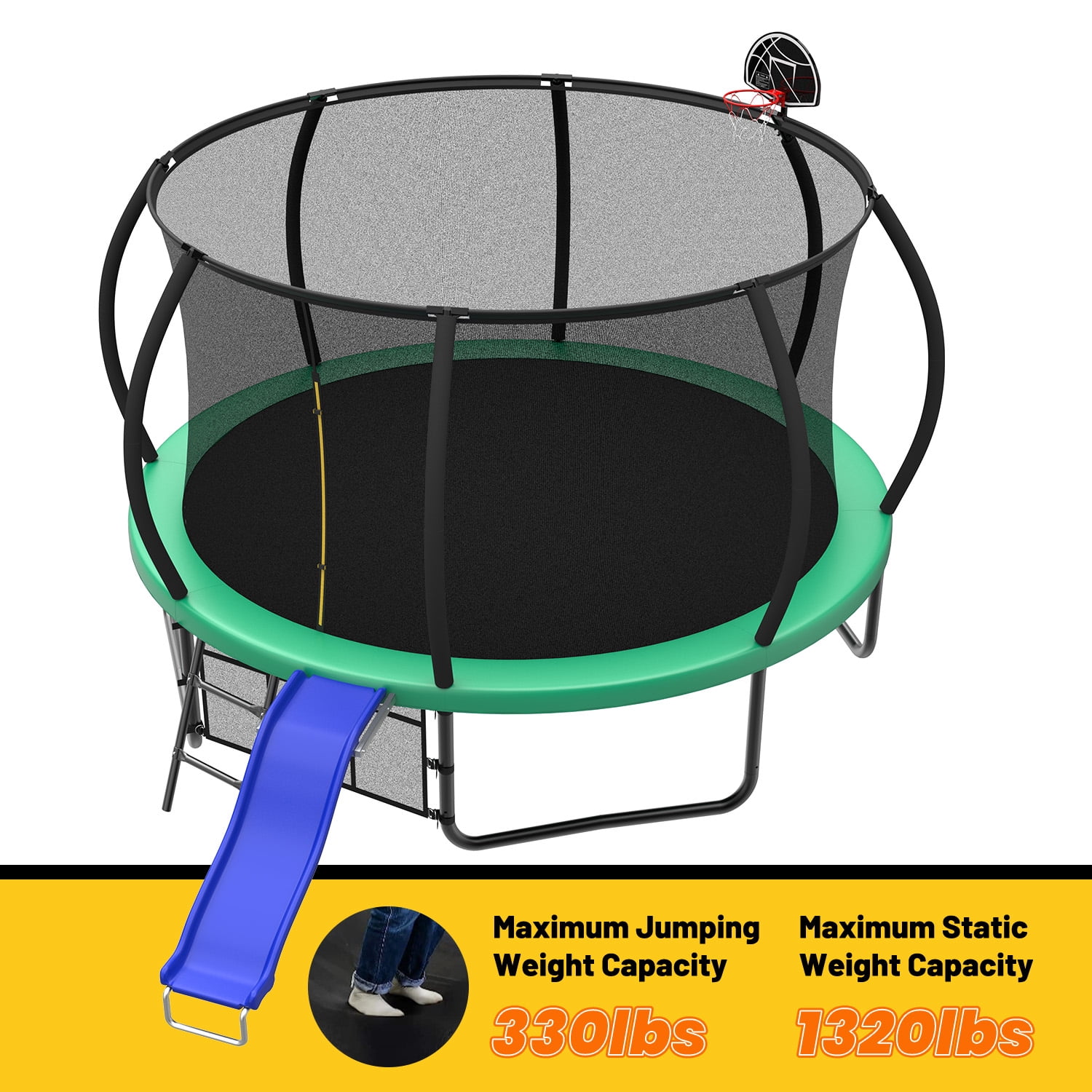 Mersco 12ft Heavy Duty Outdoor Trampoline with Enclosure Net, Slide, and Basketball Hoop (Green, 12 ft) gfnot
