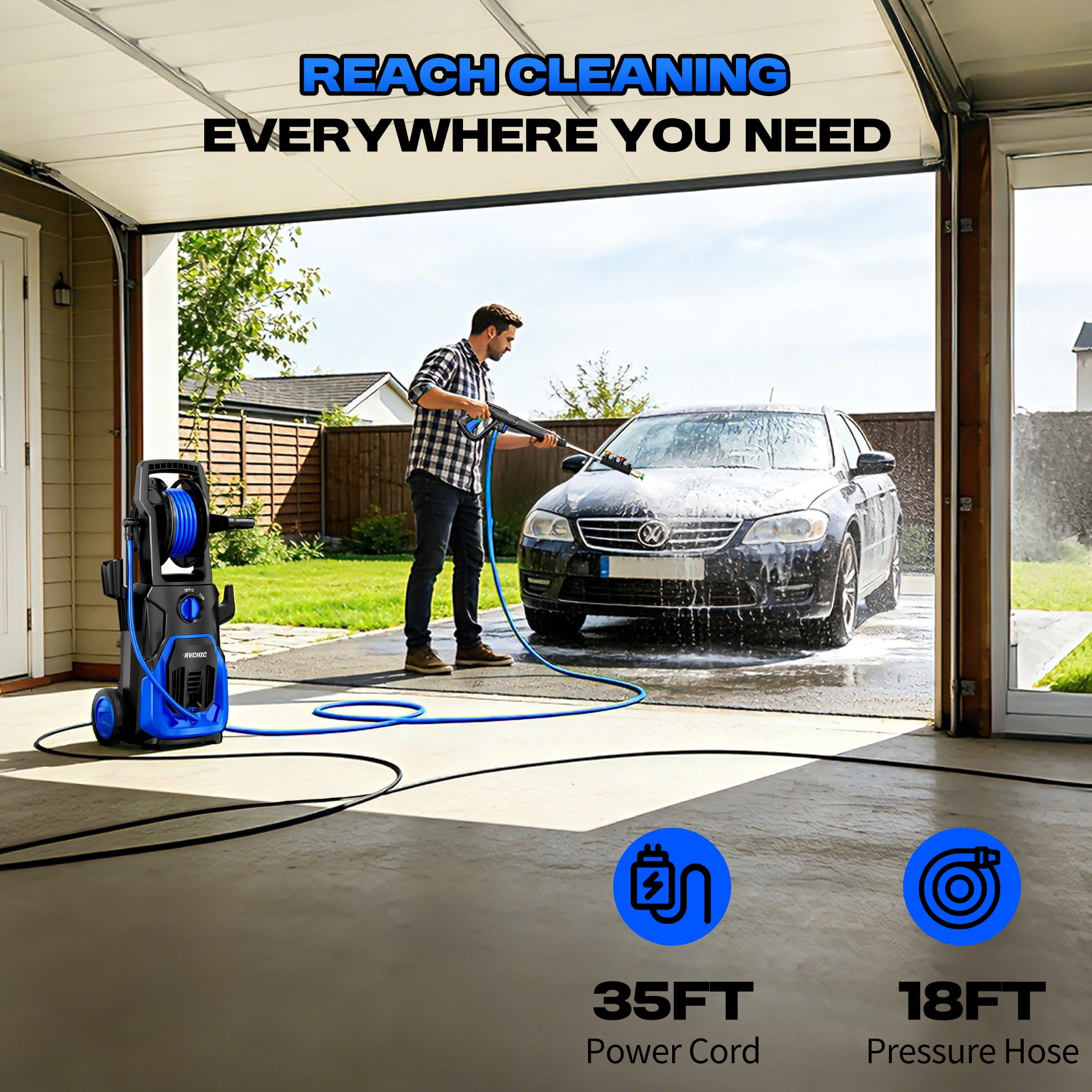 Rvchic 4200 PSI Electric Pressure Washer with Hose Reel and 4 Nozzles (Blue, 25 ft Hose) ee2ia