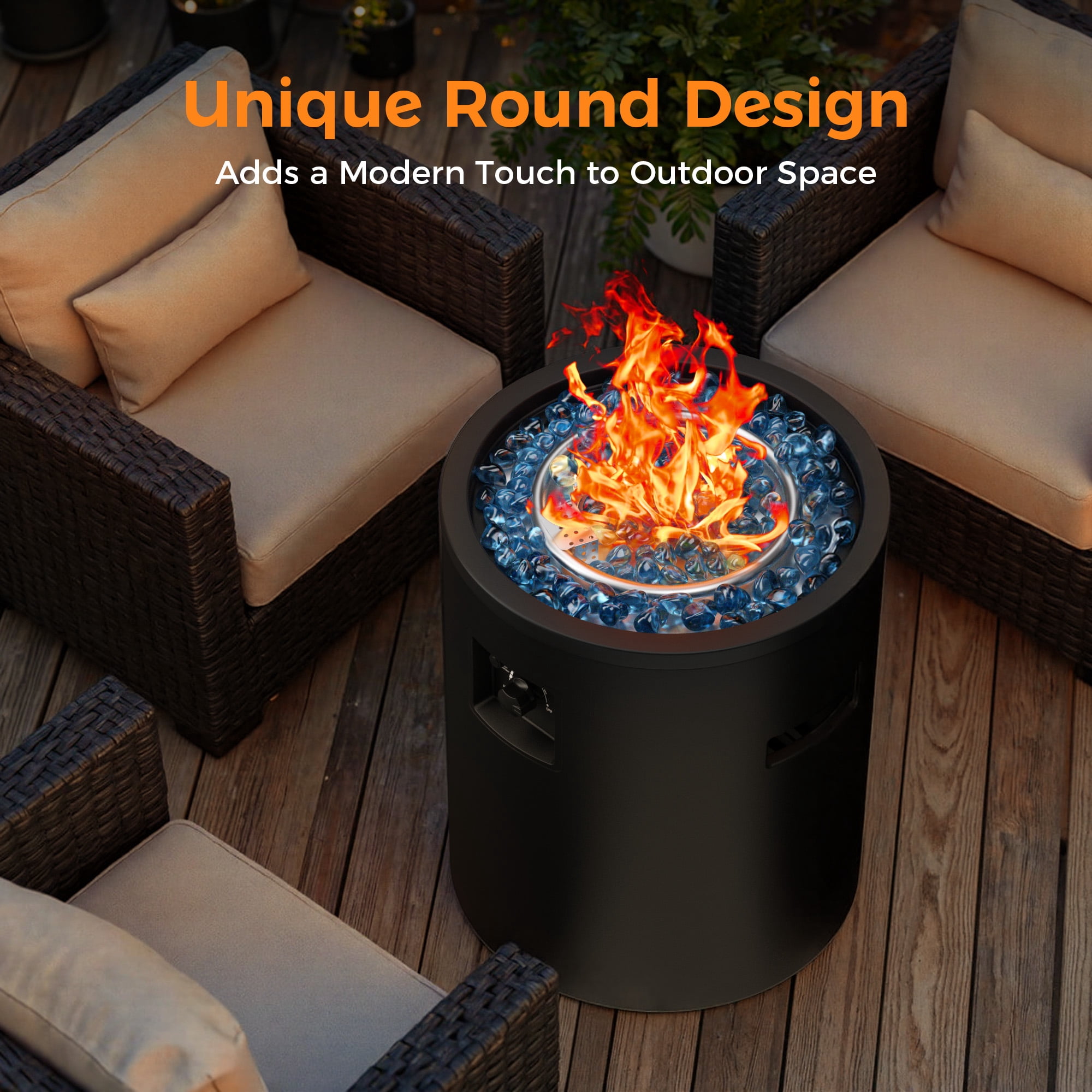 Bali Outdoors 23 in Gas Fire Pit Column, 50,000 BTU Round Propane Fire Pit Table with Glass Stones (Black) kws90
