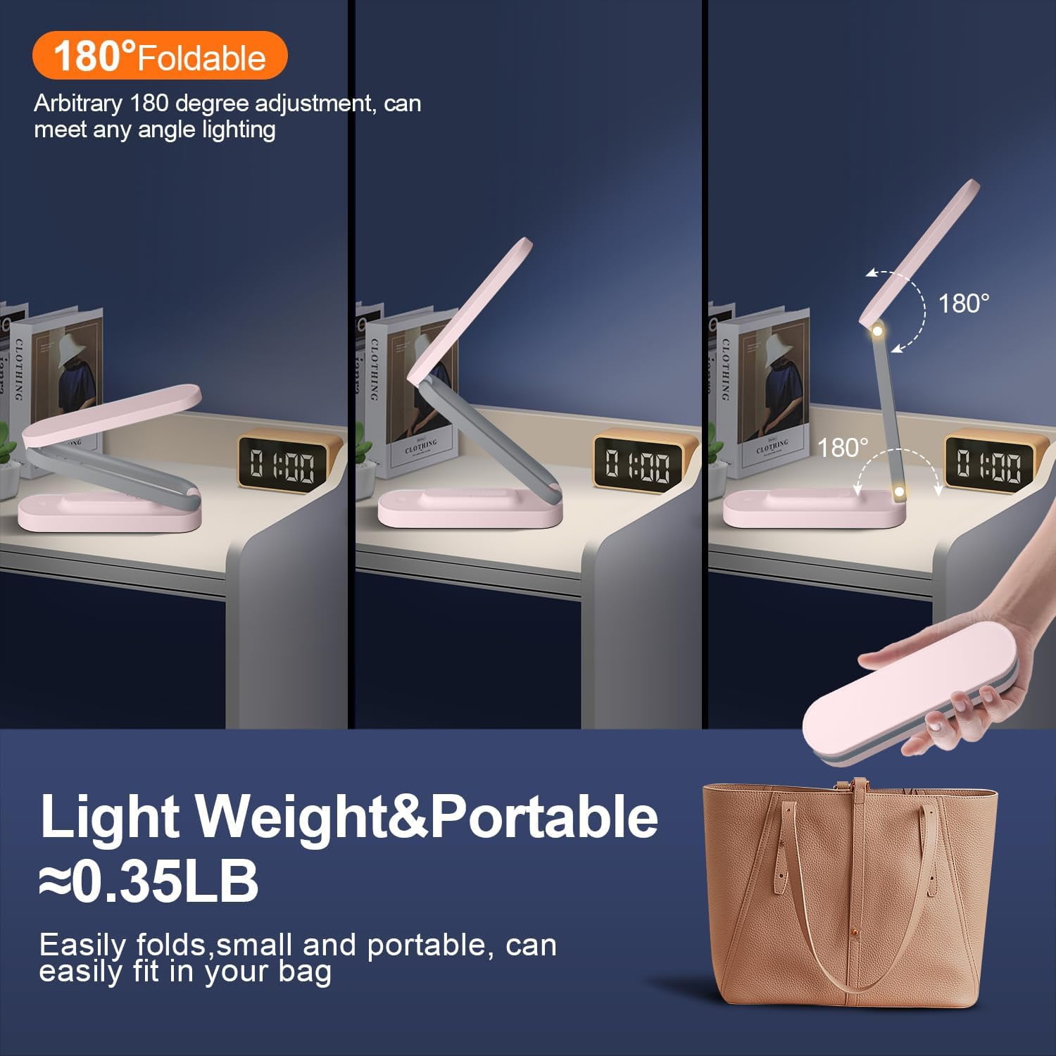 CAALOGT LED Foldable Desk Lamp, Portable Dimmable Table Light for Office and Home (Pink, 6.7 in x 1.77 in x 1.55 in) 0yana