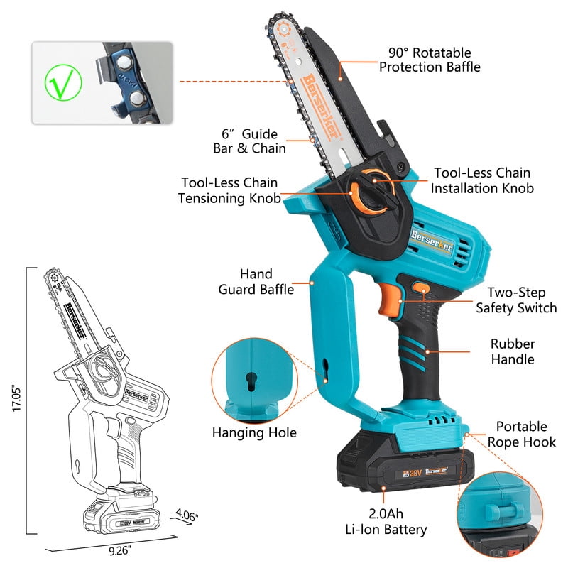 BERSERKER 6-Inch 20V Cordless Mini Chainsaw with 2x 2.0Ah Batteries and Charger (Blue, 6 in) msh63