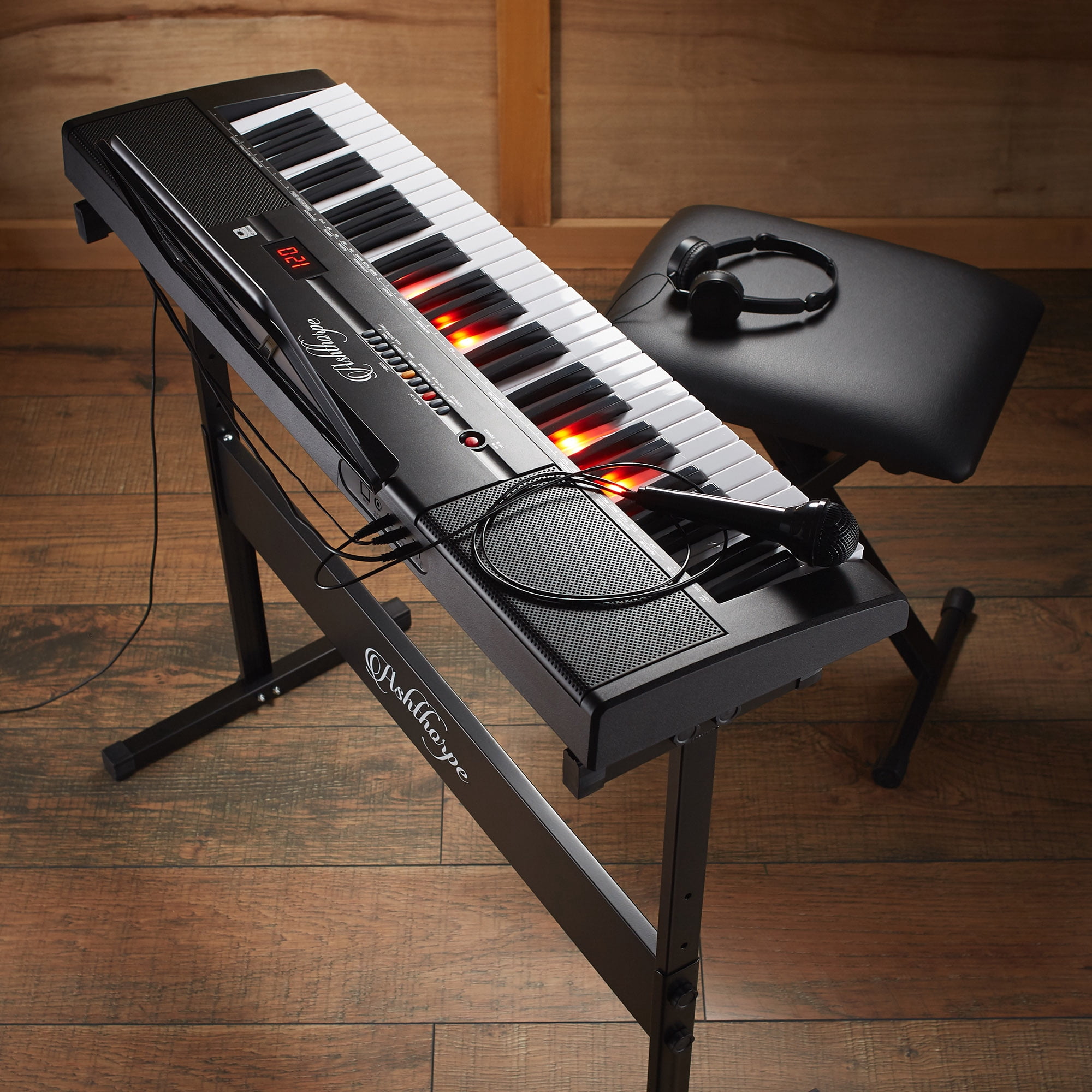 Ashthorpe 61-Key Digital Electronic Keyboard Piano with Light Up Keys, Beginner Kit with Stand and Stool (Black, 35.75 in x 10.25 in x 3 in) ddr9p
