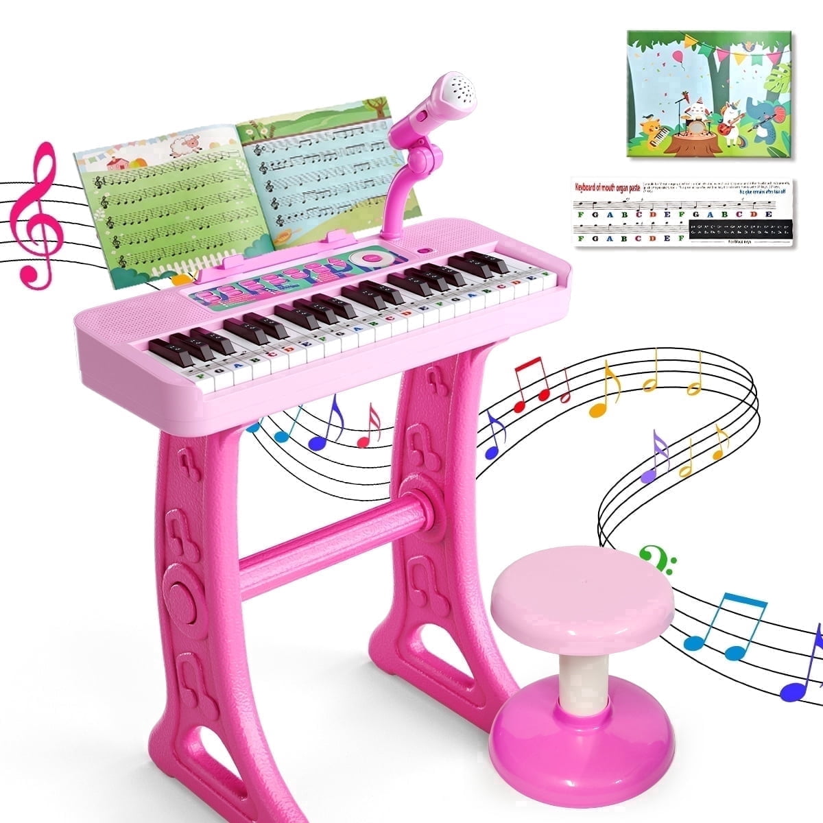 WLBES 37-Key Electronic Keyboard Piano Set with Stand and Stool (Pink, 1 Set) blafm
