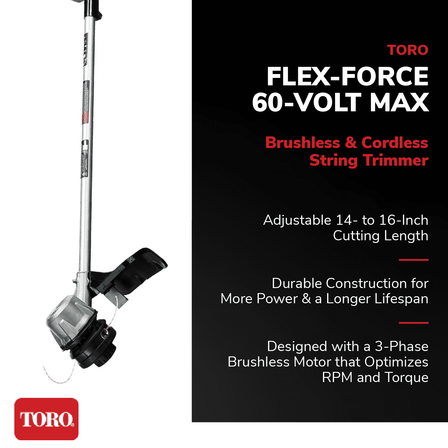 Toro Flex Force 60V Brushless Cordless String Trimmer (Red, 14 in to 16 in) 2zeec