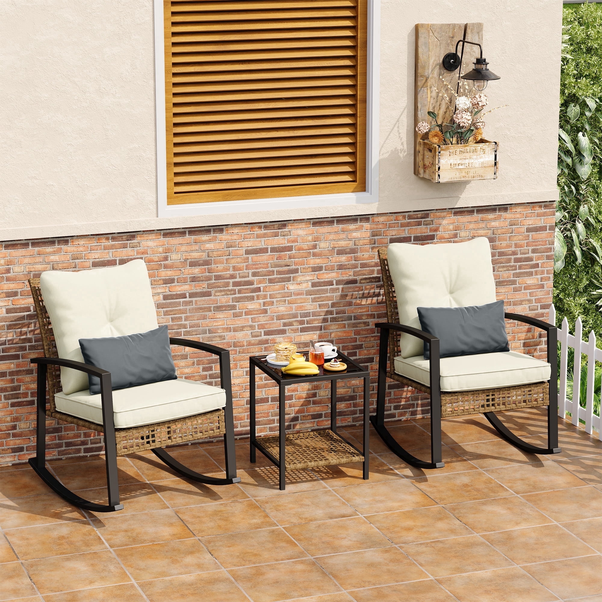 LAZZO 3-Piece Patio Conversation Set, PE Wicker Rocking Chairs with Lumbar Pillows and Tempered Glass Coffee Table (Beige, 3-Piece Set) 8kot2