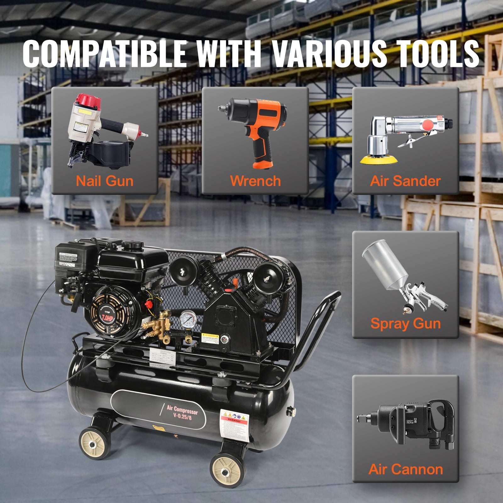 KFFKFF Gas Air Compressor, 7HP Engine, 13.2 Gallon Horizontal Tank, 9CFM at 115PSI (Black, 13.2 Gallon) zxcp2