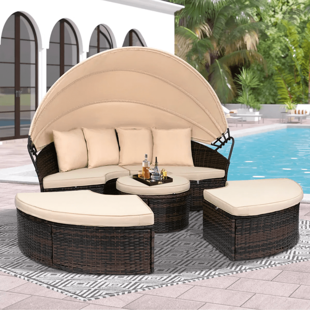 Seizeen 4-Piece Outdoor Patio Daybed with Retractable Canopy, Rattan Wicker Sectional Conversation Set with Lifting Ottoman Table (Khaki, 4-Piece) rnj6u