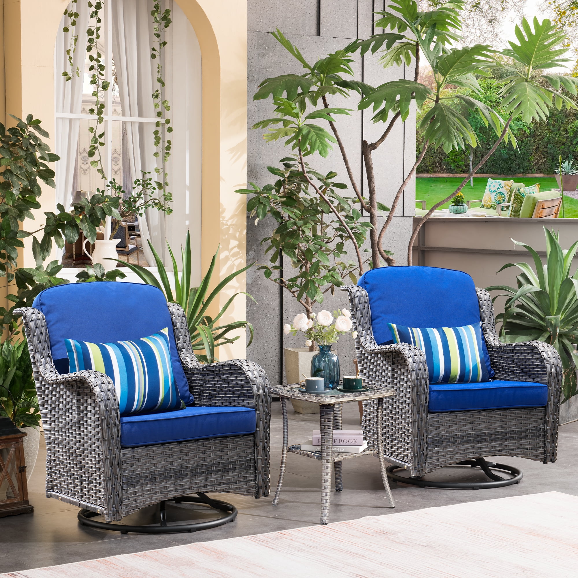 Ovios 3-Piece Patio Wicker Bistro Set with Swivel Rocking Chairs and Cushions (Blue, 3-Piece Set) acfyk