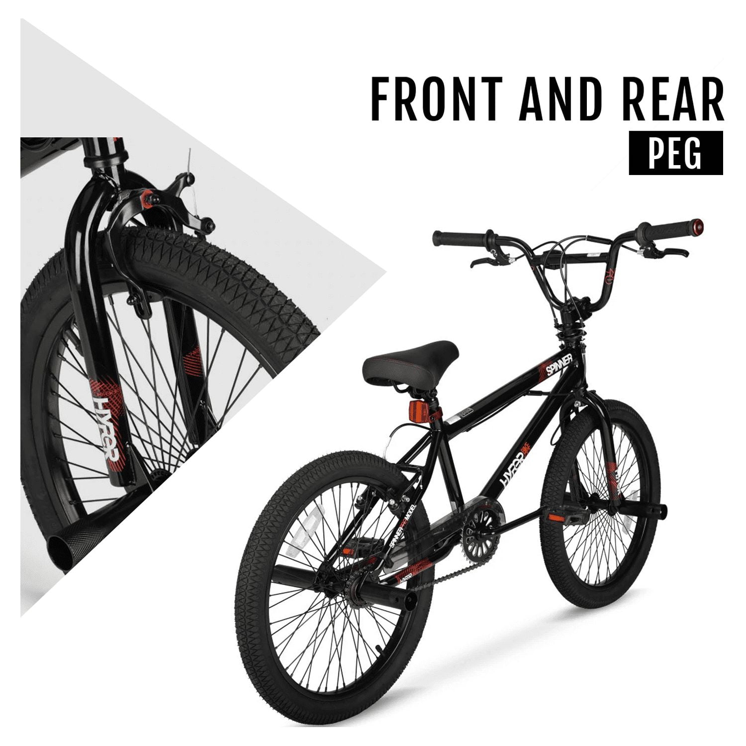 Hyper Bicycles 20 in Spinner BMX Bike, Durable Steel Frame with Pegs (Black, 20 in) 8985v