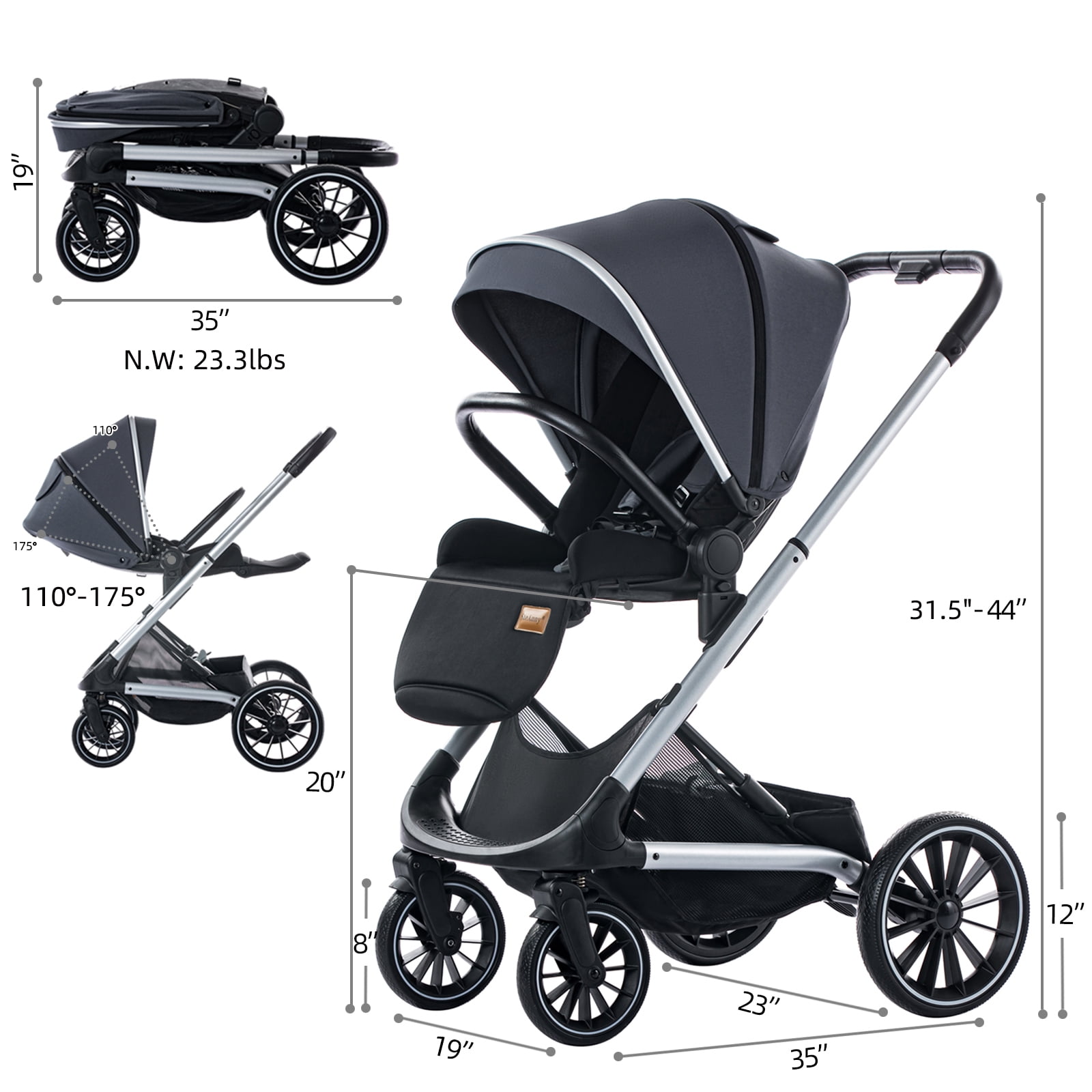 SteAnny Reversible High Landscape Baby Stroller, Adjustable Handlebar Pram for Infants and Toddlers (Gray, 40 lb Capacity) wyqqr