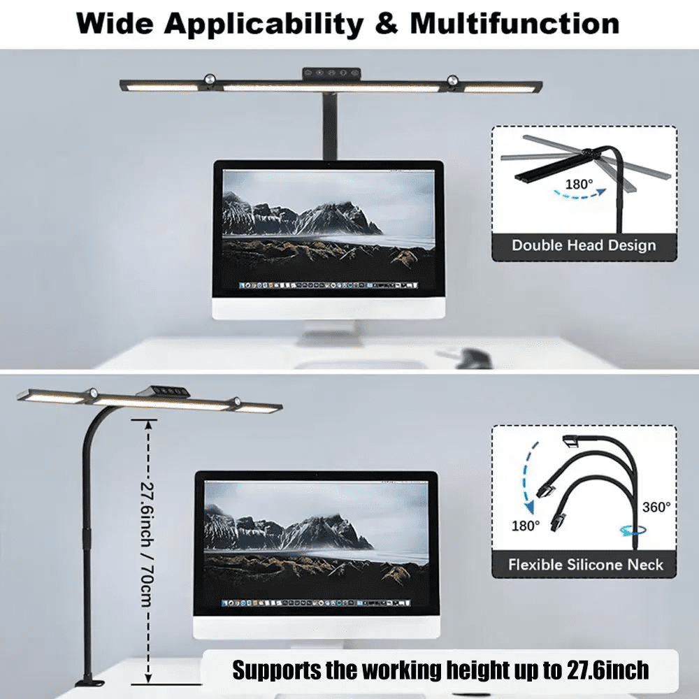 Lanthour LED Desk Lamp with Clamp, 24W Double Head Swing Arm Office Light, Stepless Dimmable with Remote (Black, 27.1 in) jcljk