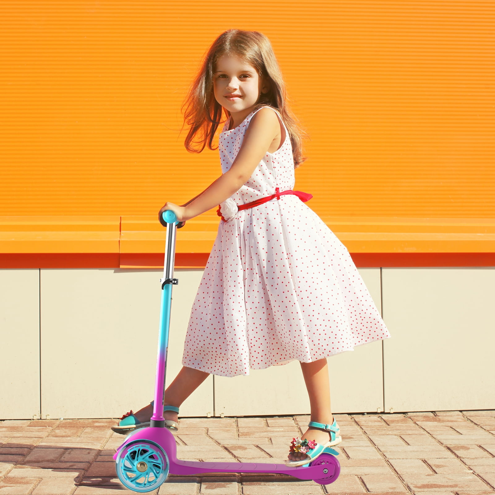 KORIMEFA 3-Wheel Kids Kick Scooter with Light-Up Wheels and Adjustable Handlebar (Pink, 110 lb Capacity) avdw0