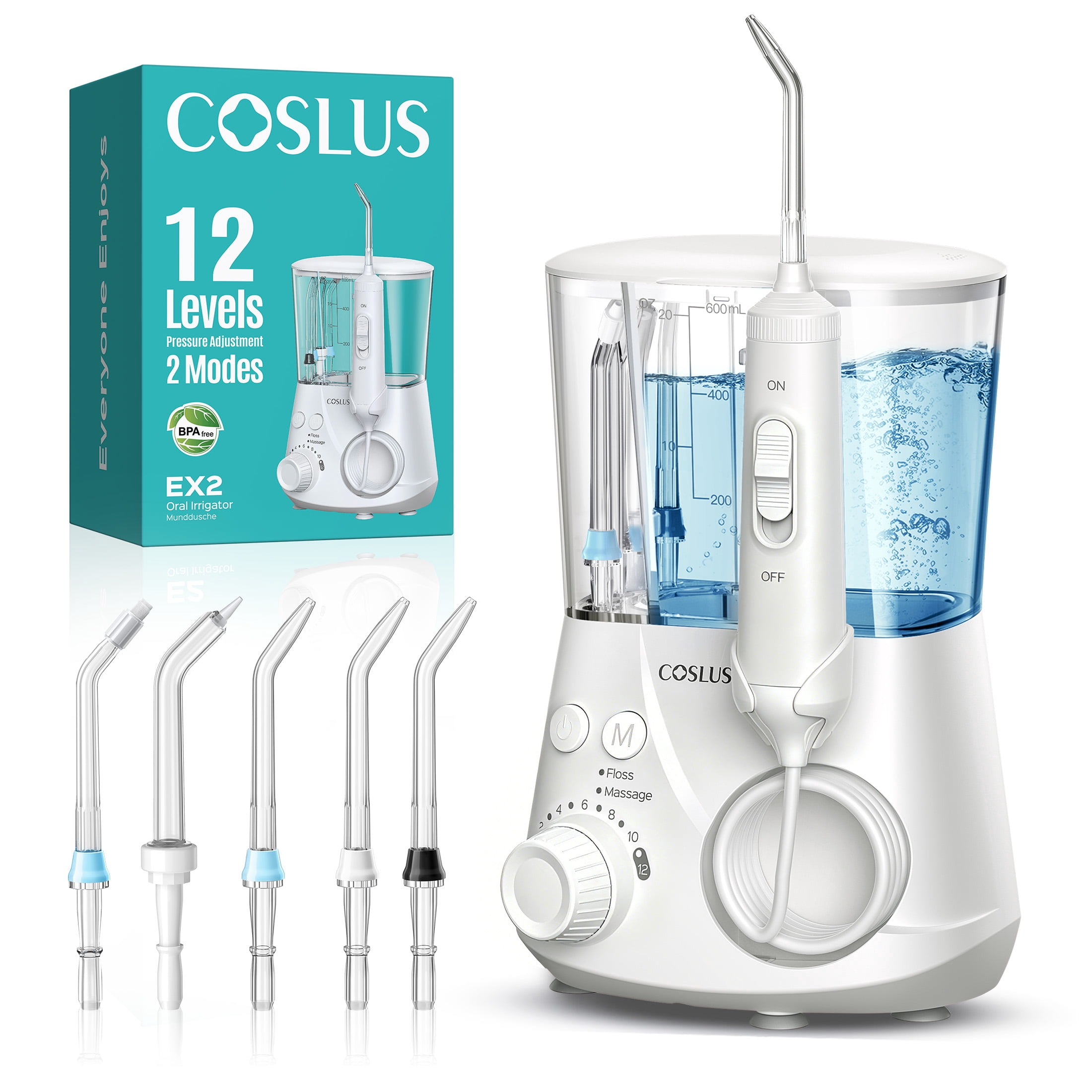 COSLUS EX2 Water Flosser for Teeth, Professional Dental Oral Irrigator with 12 Pressure Settings (White, 20.3 fl oz) ok26h