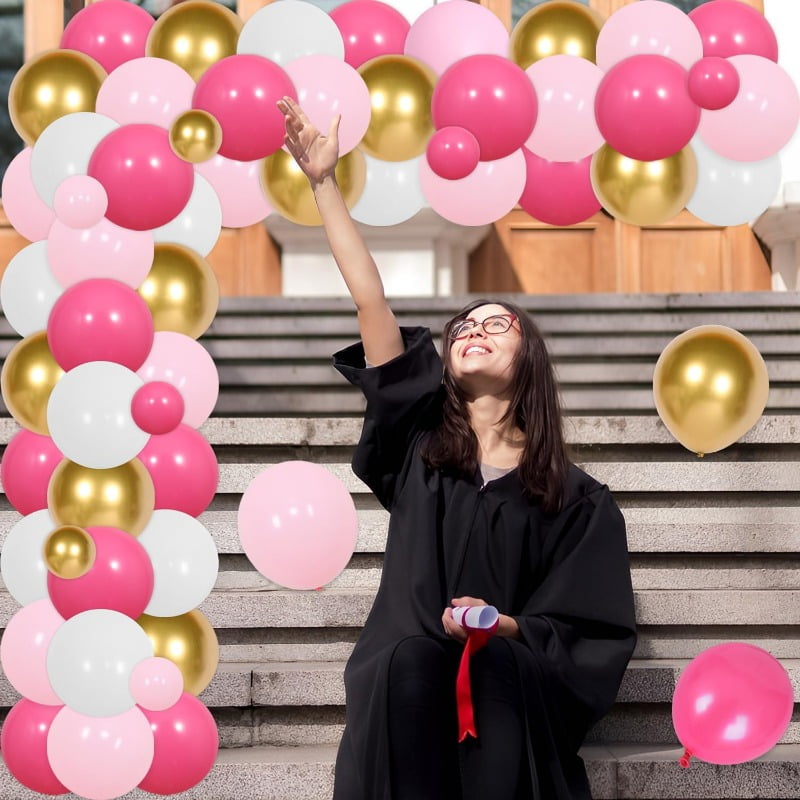 Joymemo 71-Piece Graduation Party Decoration Set, Pink and Gold Balloon Garland Arch Kit with Congrats Grad Backdrop (Pink, 71-Piece Set) tq3ya