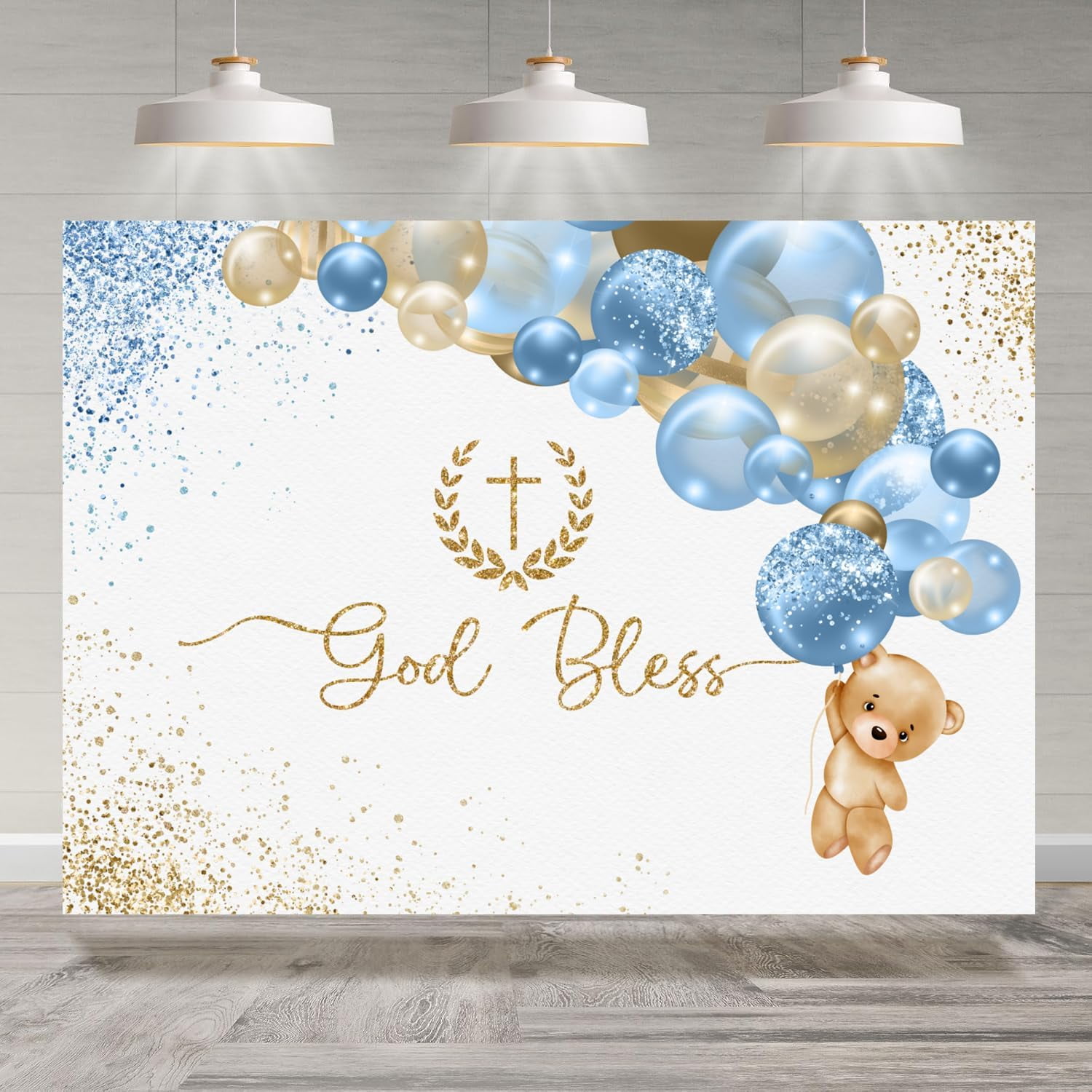 SUNESTOWEL God Bless Backdrop Bear Blue Balloon First Holy Communion Baptism Photography Background (Blue, 7x5 ft) ssnza