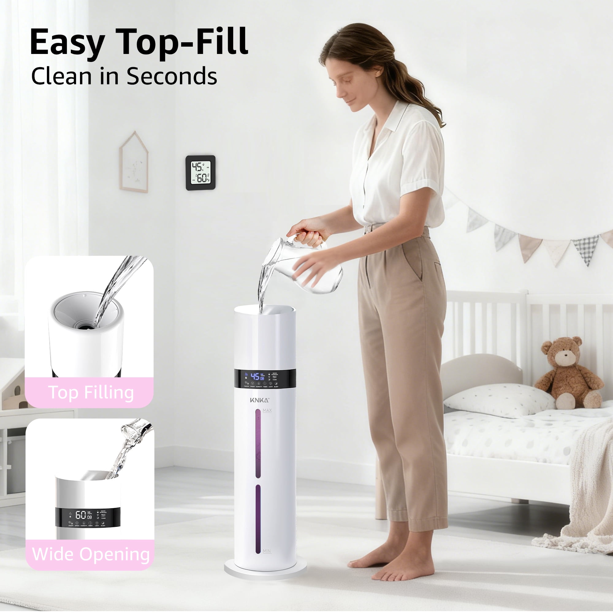 ITdodo Ultrasonic Cool Mist Humidifier for Large Rooms, Top Fill Smart Humidity Control with Remote (White, 2.38 gal) s8xi9