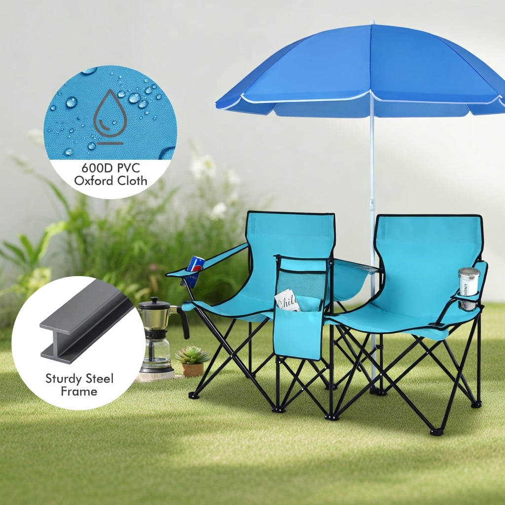 Topcobe Double Folding Picnic Chair with Umbrella and Cooler Bag (Turquoise, 2-Seat) il2p3