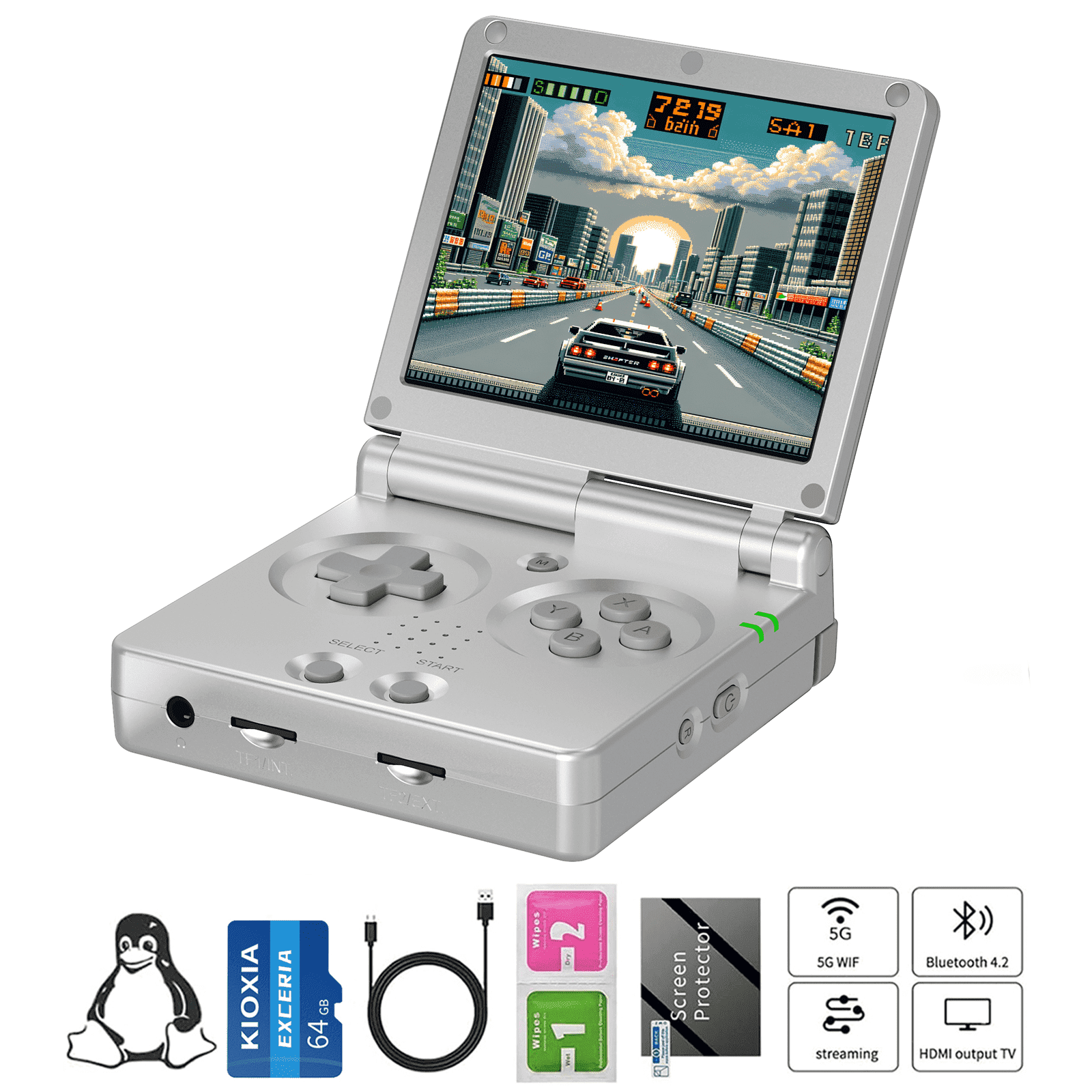 Anbernic RG35XXSP Handheld Game Console, Retro Gaming System with 3.5 in Screen, 5G WiFi, Bluetooth, and TV Output (Silver) lwose