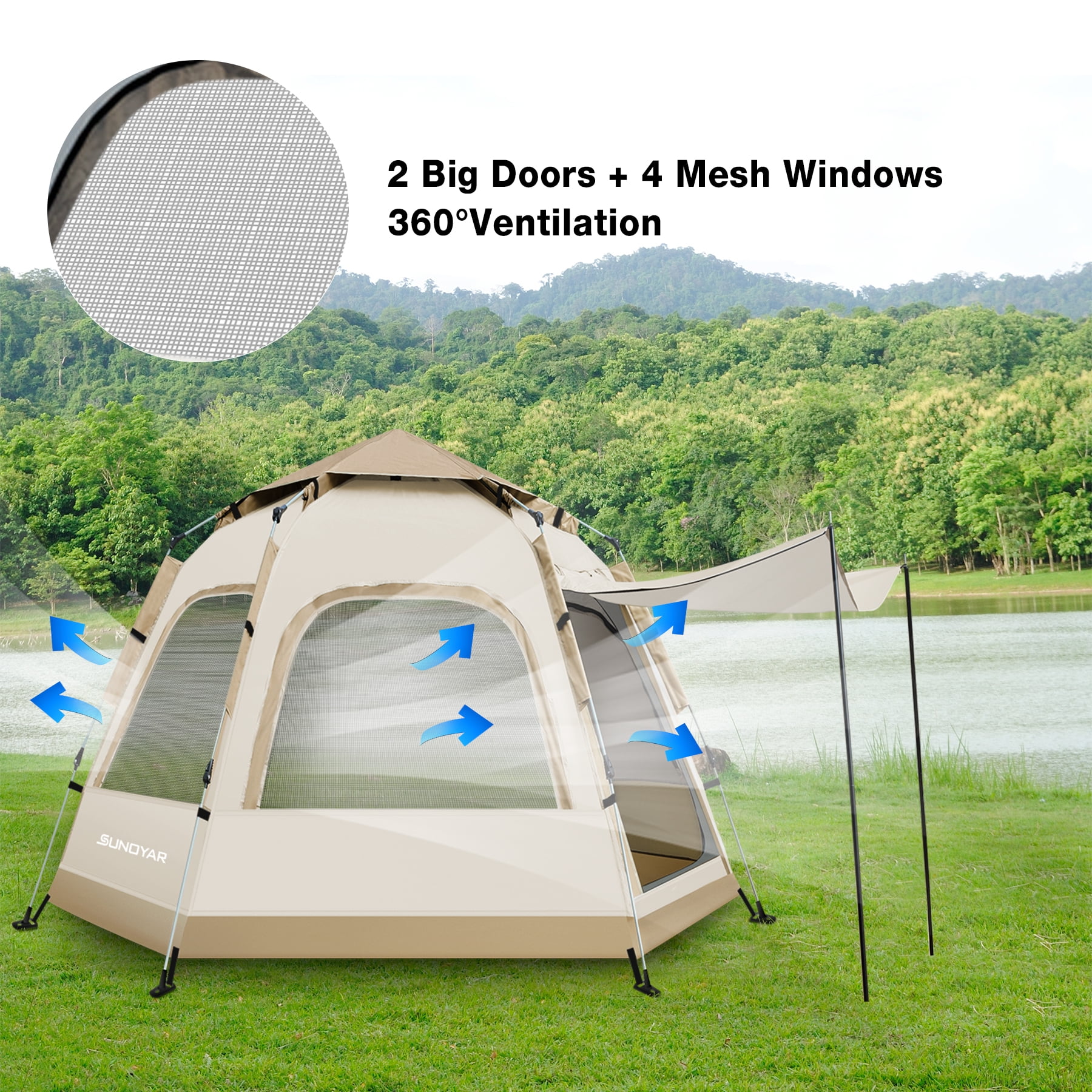 Sunoyar 4-6 Person Camping Tent, Waterproof Instant Outdoor Shelter with Carry Bag (Beige, 110 in x 94 in) vhm4f