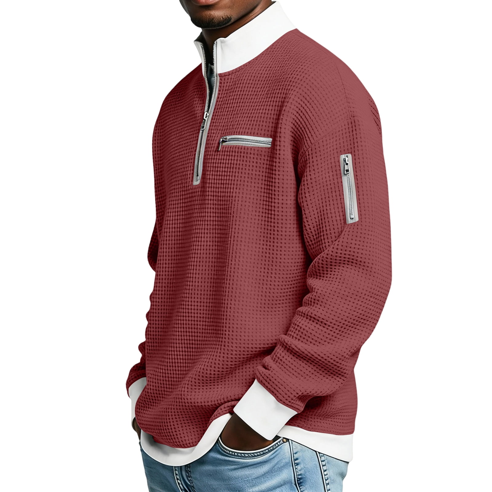 Nokdvo Mens Waffle-Knit Quarter Zip Pullover Long Sleeve Golf Sweatshirt (Wine, L) 63s7n