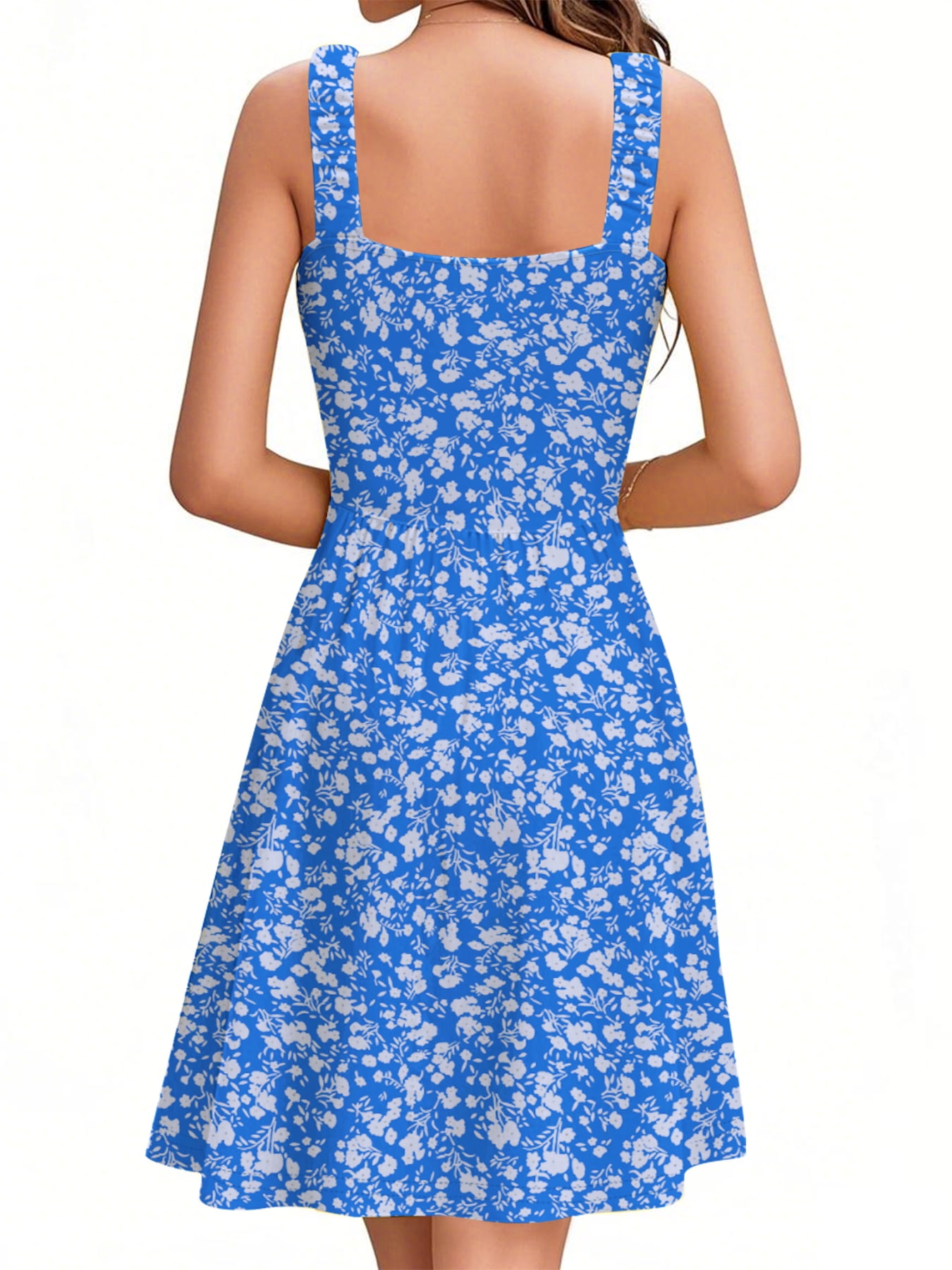 UVN Women's Sleeveless Square Neck Midi Dress Boho Floral Print Beach Sundress with Pockets (Blue, M) f1qdt