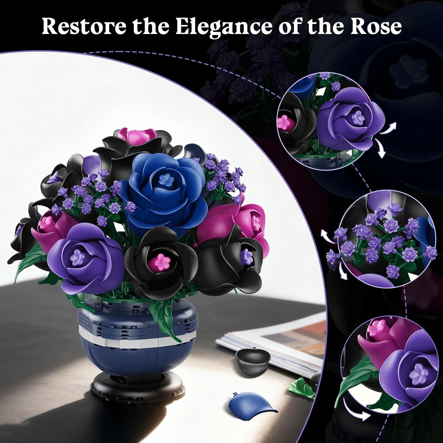 TERRAMUS Purple Rose Bouquet Building Set, Floral Construction Blocks for Home Decor (507 Pieces) 040r7