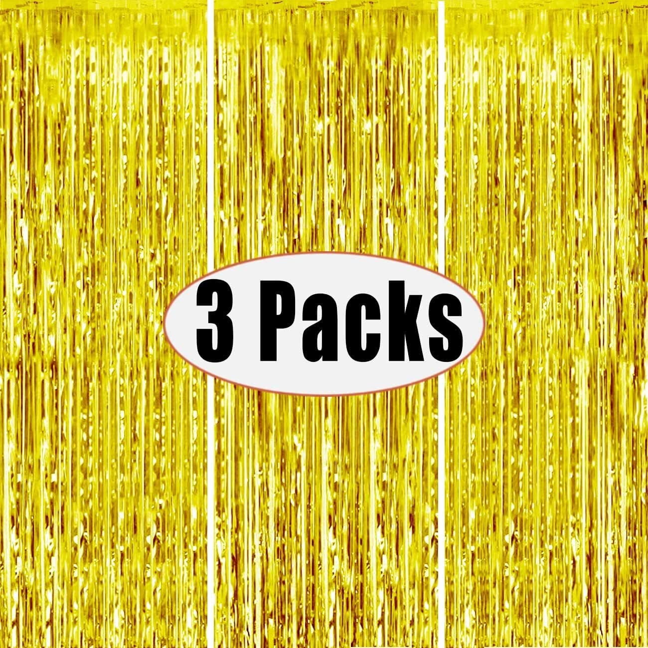 WATTNE Metallic Foil Fringe Curtains, Shiny Tinsel Photo Booth Backdrop for Party Decorations (Gold, 3 Pack, 3.3 ft x 6.6 ft) 43oyq