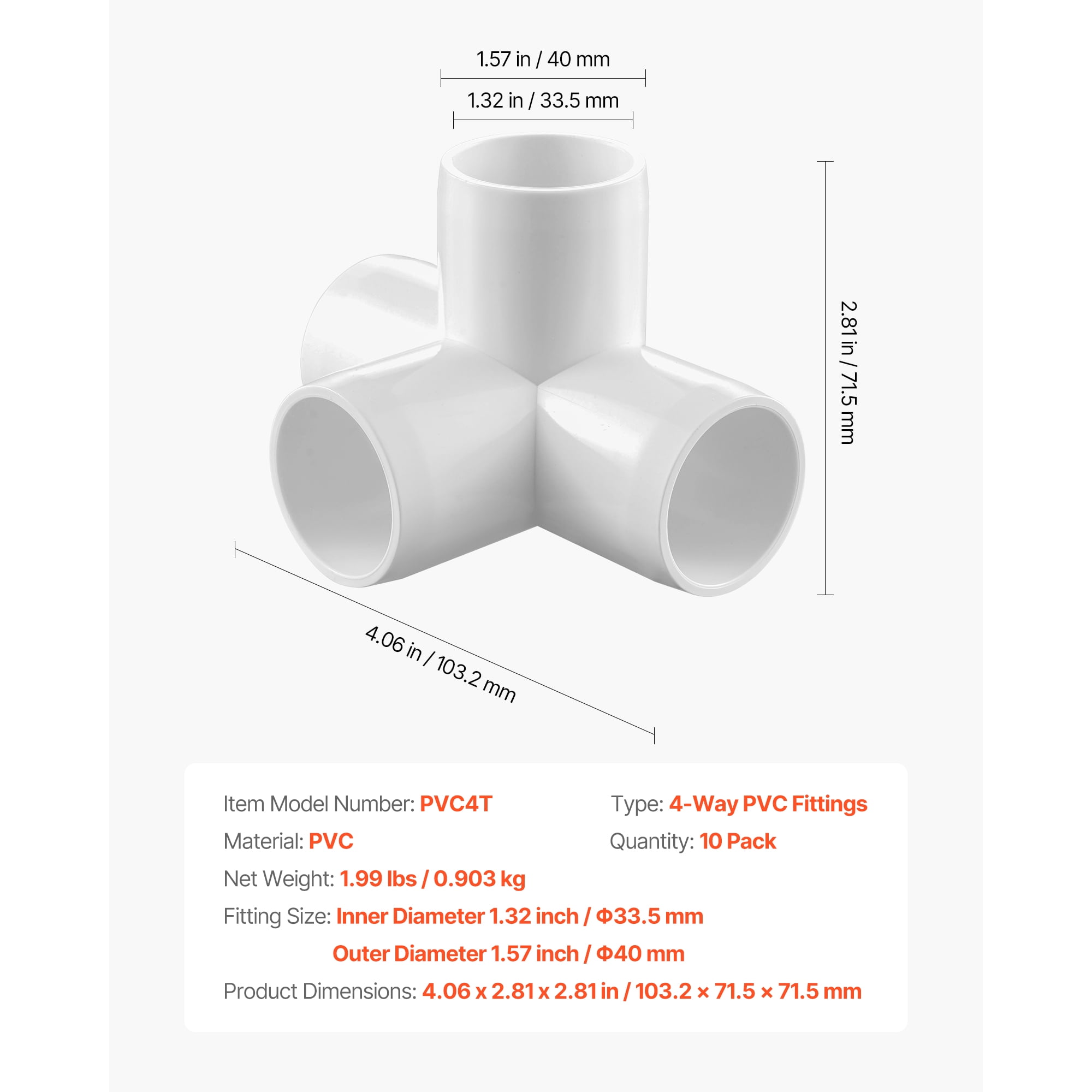 KFFKFF 4-Way PVC Pipe Connectors for 1-Inch Pipe, Heavy-Duty Elbow Fittings for DIY Projects (White, 10-Pack) fk6xa