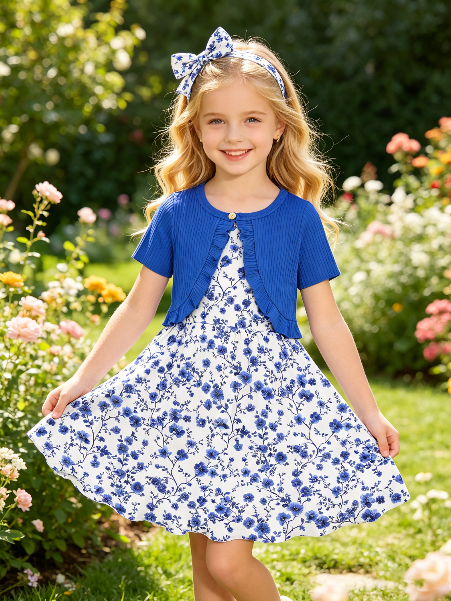 Lanbubble Girls Sleeveless Summer Dress and Cardigan Set (Blue, 7-8 Years) empaf - Image 9