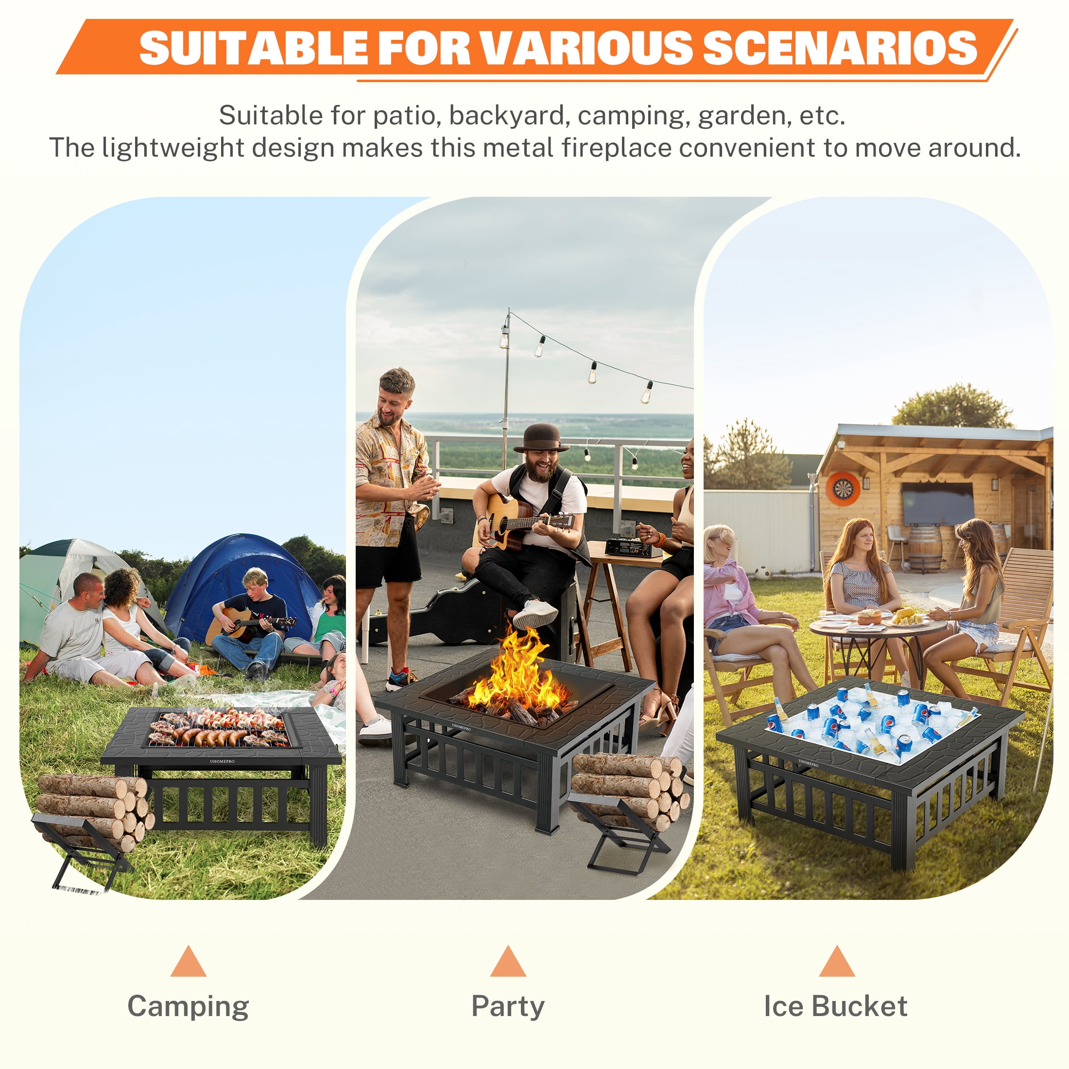 uhomepro 32 in Wood Burning Fire Pit Table with Firewood Rack and BBQ Grill Set (Black, 32 in) 2g8yc