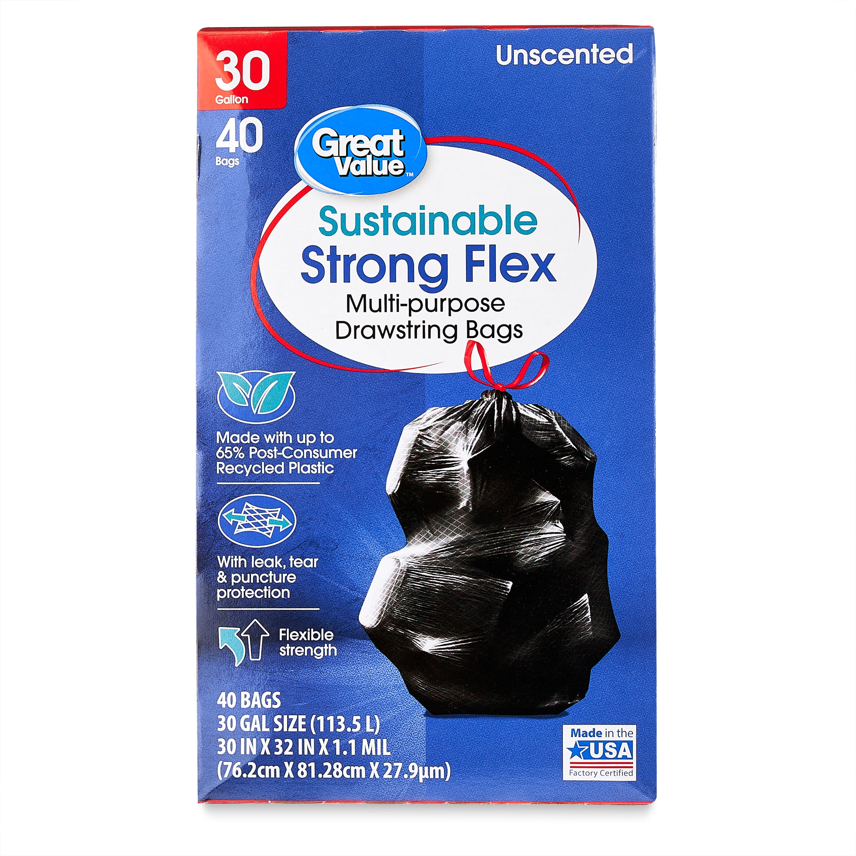 Great Value Sustainable Multi-Purpose Drawstring Trash Bags (30 Gallon, 40 Count) 67ois