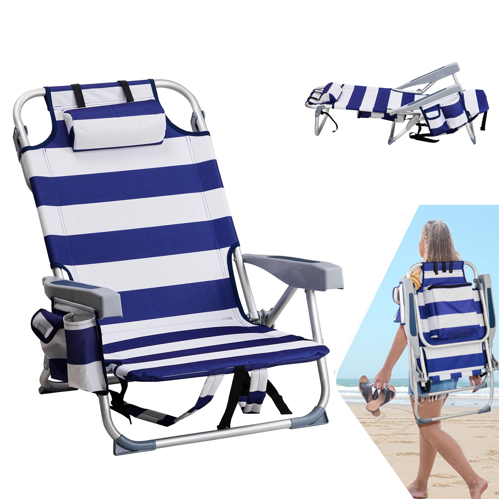 ECommerce,LLC Backpack Beach Chair, 5-Position Reclining Folding Chair with Cooler and Storage Pouch (Blue and White, 7.3 lb) 3fiwj