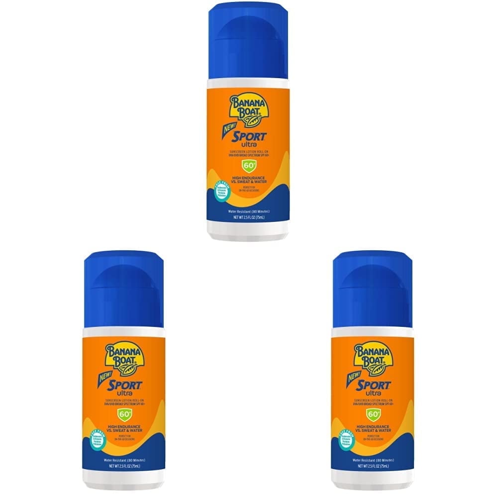 Banana Boat Sport Ultra Roll-On Sunscreen Lotion, Broad Spectrum SPF 60+, Sweat-Resistant Protection (3 Pack, 2.5 oz each) ahvjx