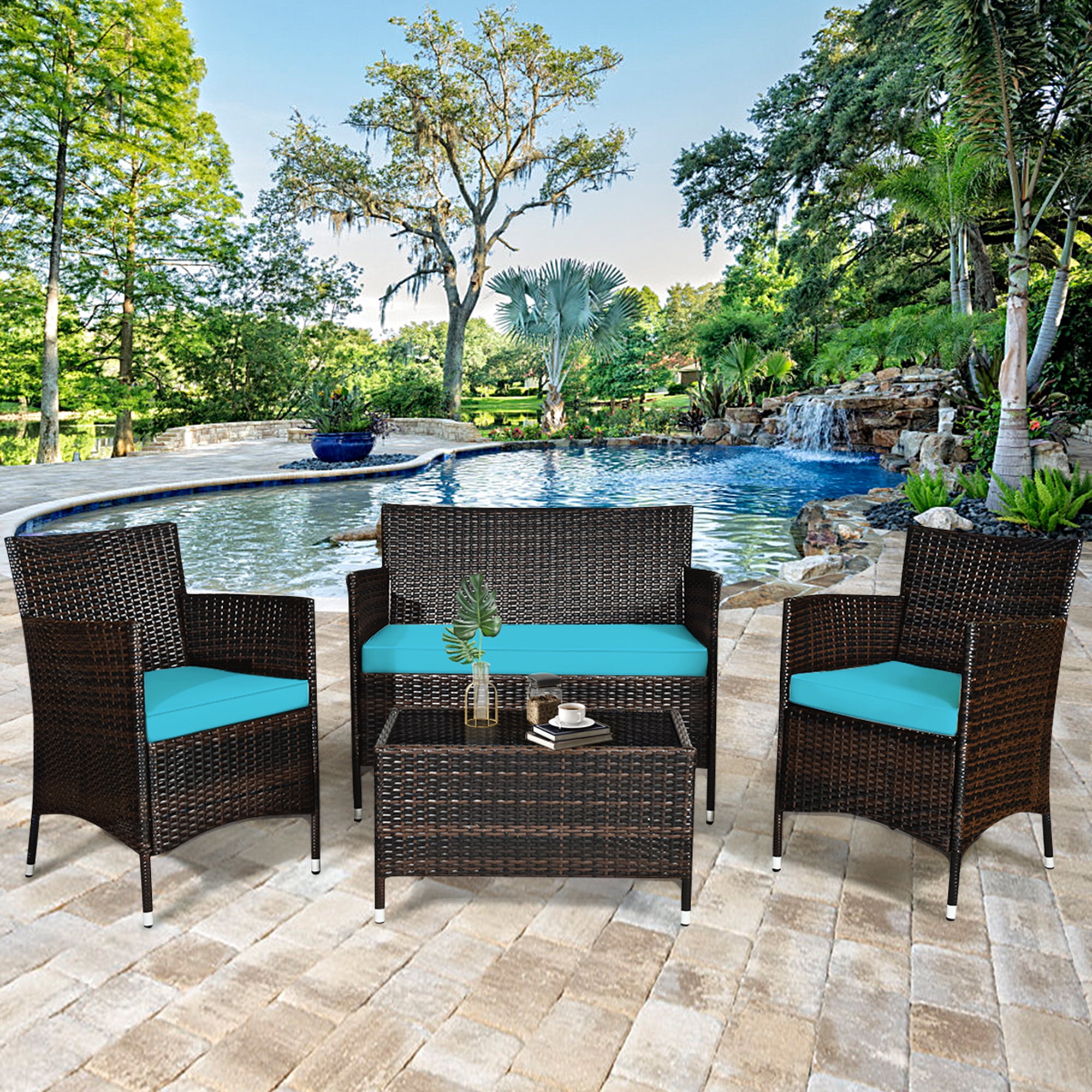 Gymax 4-Piece Patio Rattan Conversation Furniture Set with Turquoise Cushions (Outdoor/Indoor) 572c2