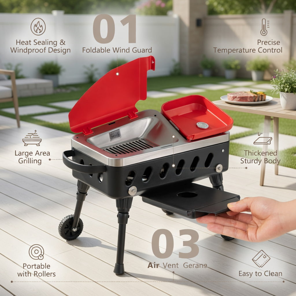 Resenkos 2-in-1 Portable Gas Camping Grill and Stove (Red, 23 in x 11.5 in x 8.5 in) bg87i