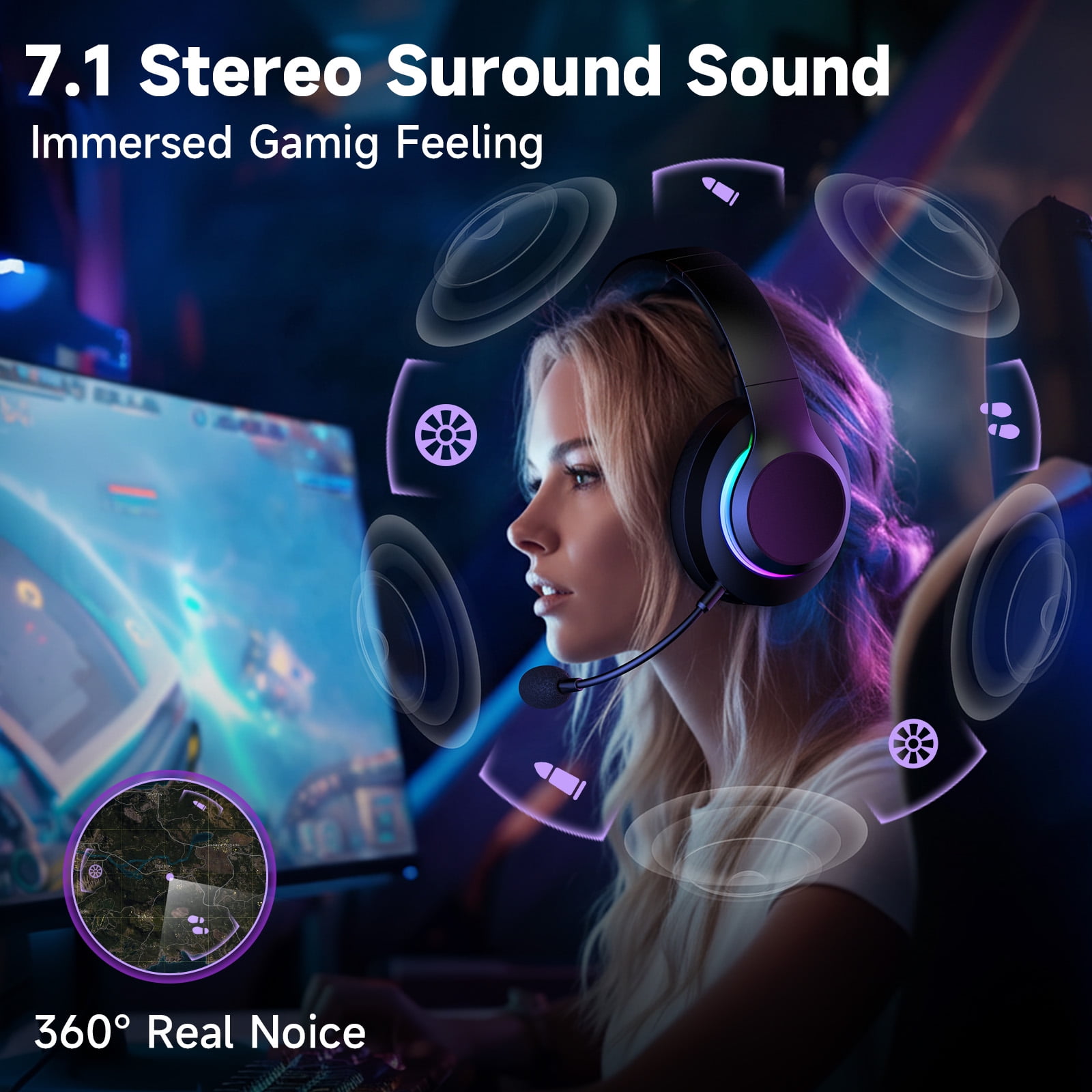 AYEDLOE Wireless Gaming Headset with Bluetooth 5.4 and 2.4GHz USB, Noise Canceling Mic, Multi-Platform Compatibility (Black) opoge
