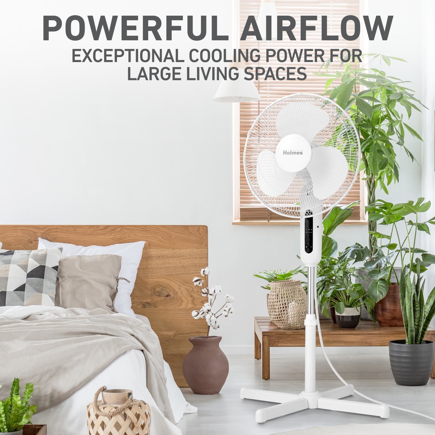 Holmes 16-inch Digital Stand Fan with Remote, 3-Speed Oscillating Pedestal Fan (White, 44-inch Height) 6a0gj