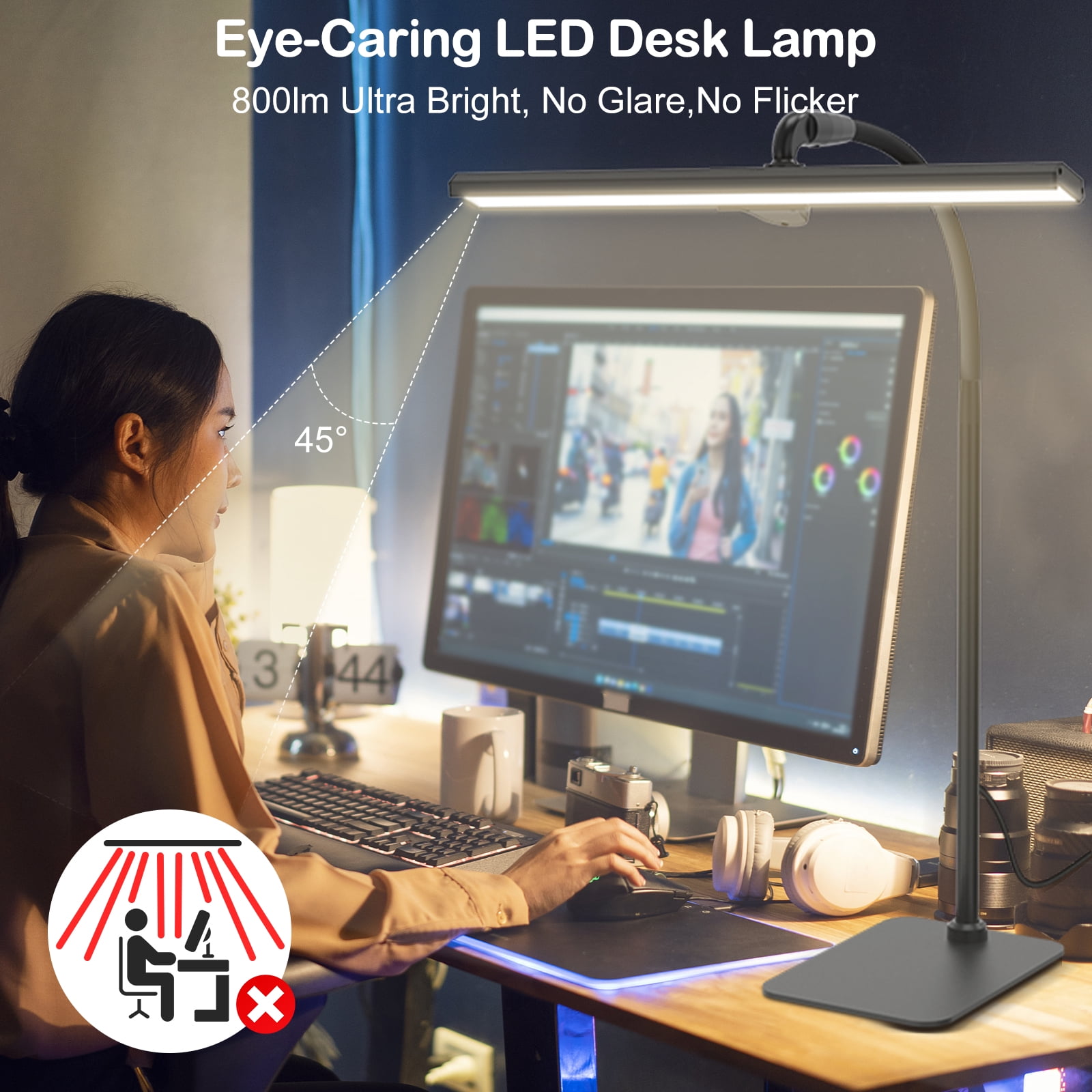 Lococo LED Desk Lamp, Tall Gooseneck, 5-Level Dimmable Brightness & Color for Home Office (14-24.4 in) 46lk1