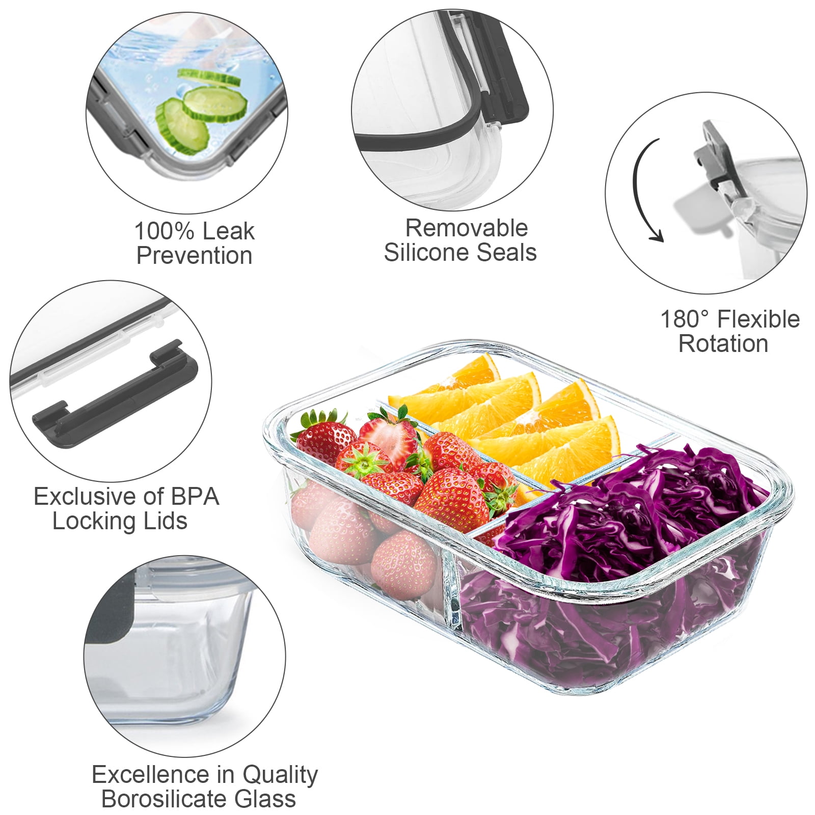 Taimasi Glass Food Storage Containers, Airtight Meal Prep Set with Snap-Lock Lids (Grey, 4-Pack, 32 oz) 55pdq