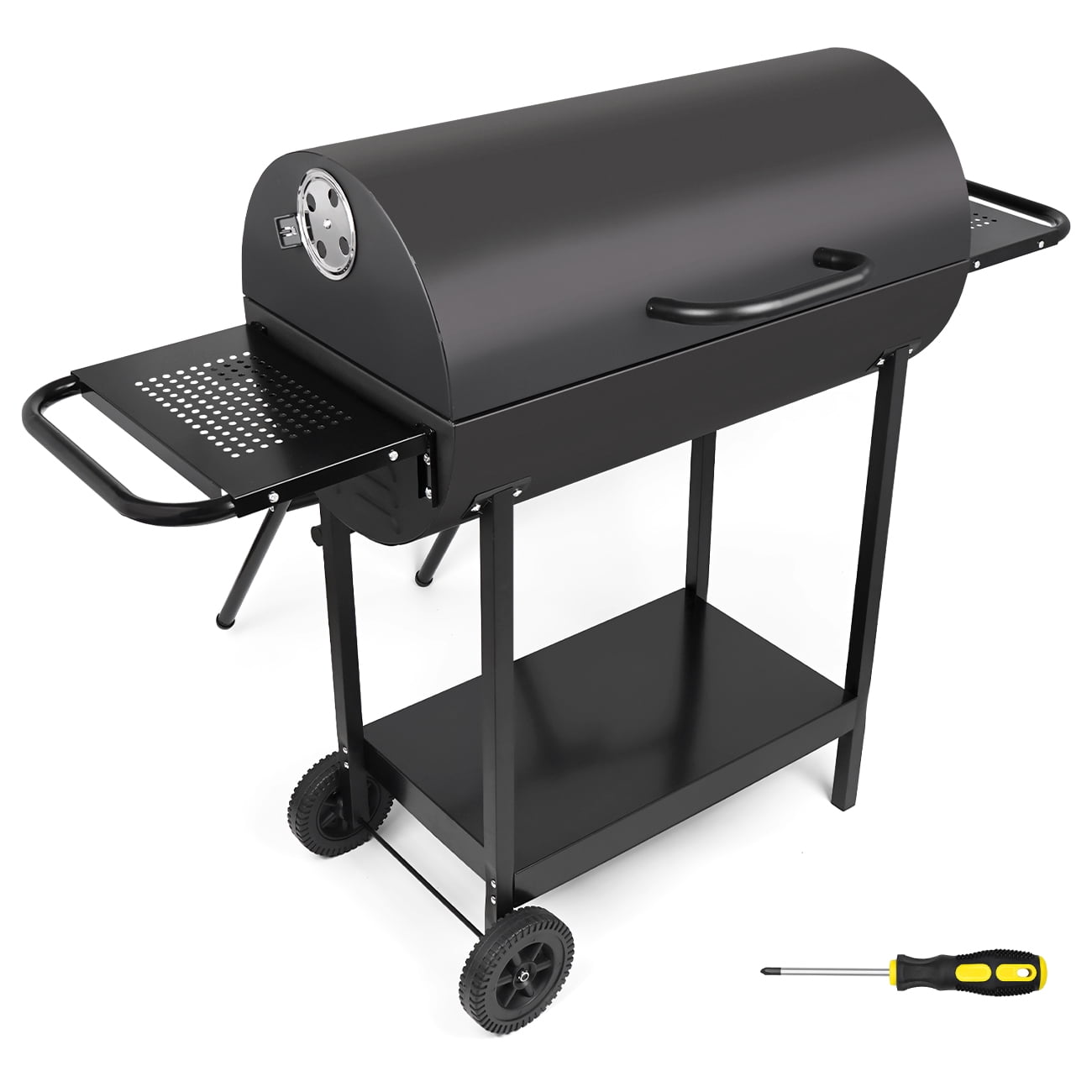 Linsen-Outdoors Double Charcoal Barrel Grill with Dual Side Shelves (Black, Large) 5yds8