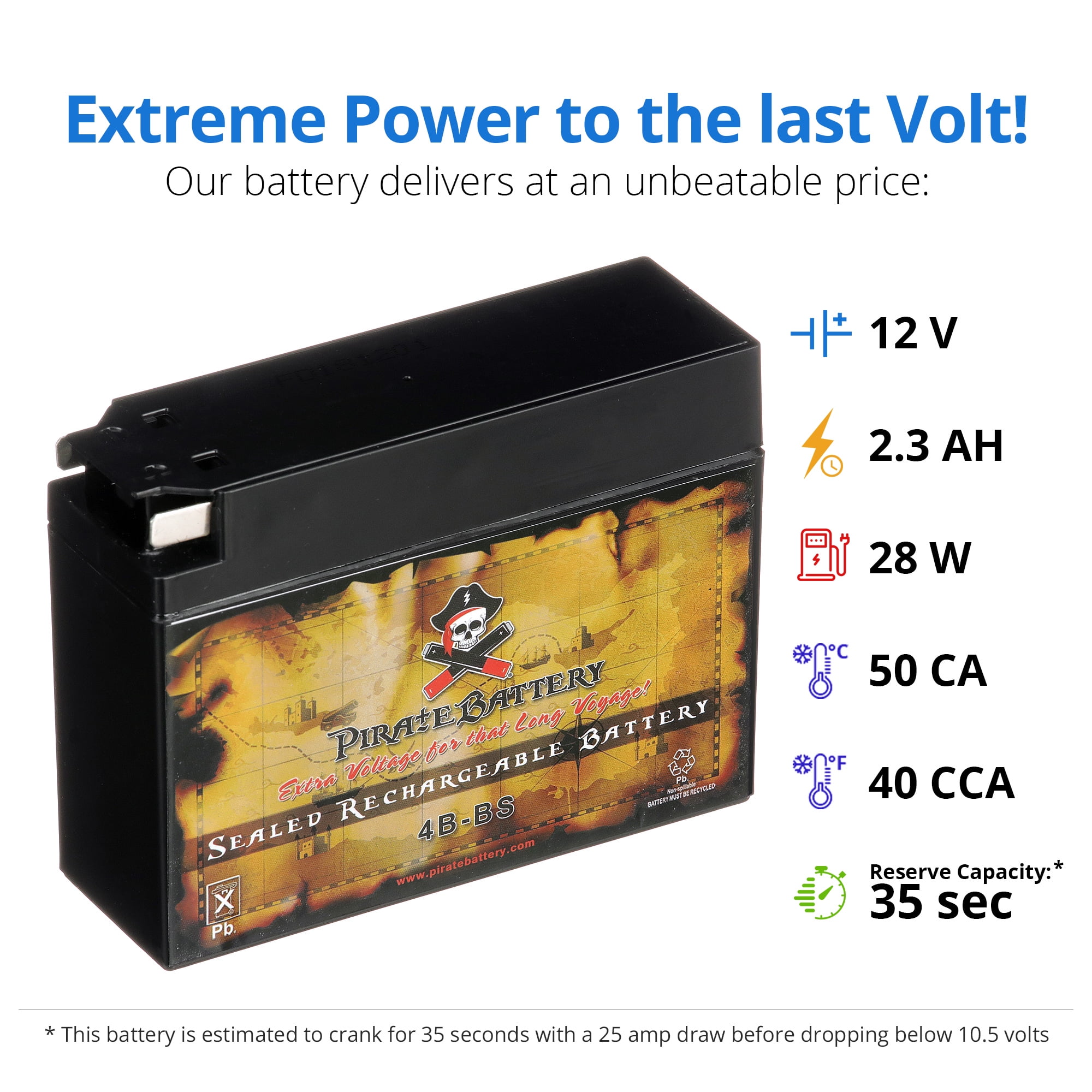 Pirate Battery YT4B-BS Sealed AGM Motorcycle Battery (12V, 2.3Ah, 40CCA) Rechargeable Replacement (4.45 in x 1.5 in x 3.35 in) fnrrd