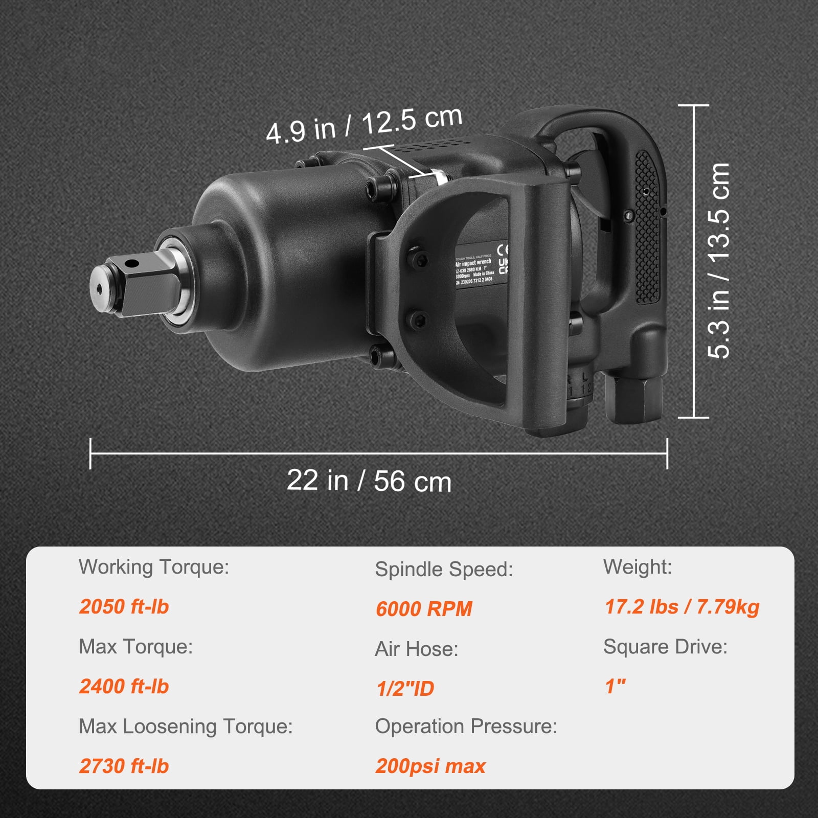 VEVOR 1 Inch Air Impact Wrench, Heavy-Duty Pneumatic Impact Gun with 2730 ft-lbs Torque (Black, 17 lb) 3c5yh