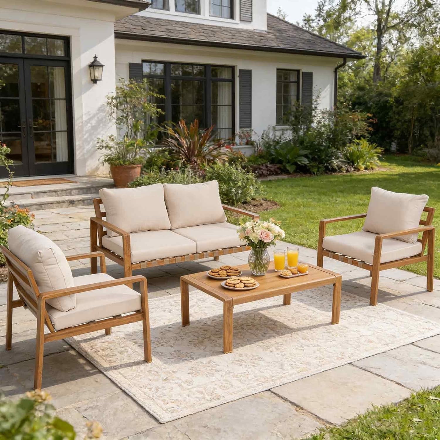 VIXLON 4-Piece L-Shaped Outdoor Patio Furniture Set, Aluminum Sectional Sofa with Coffee Table (Blue, 4-Piece) d216g