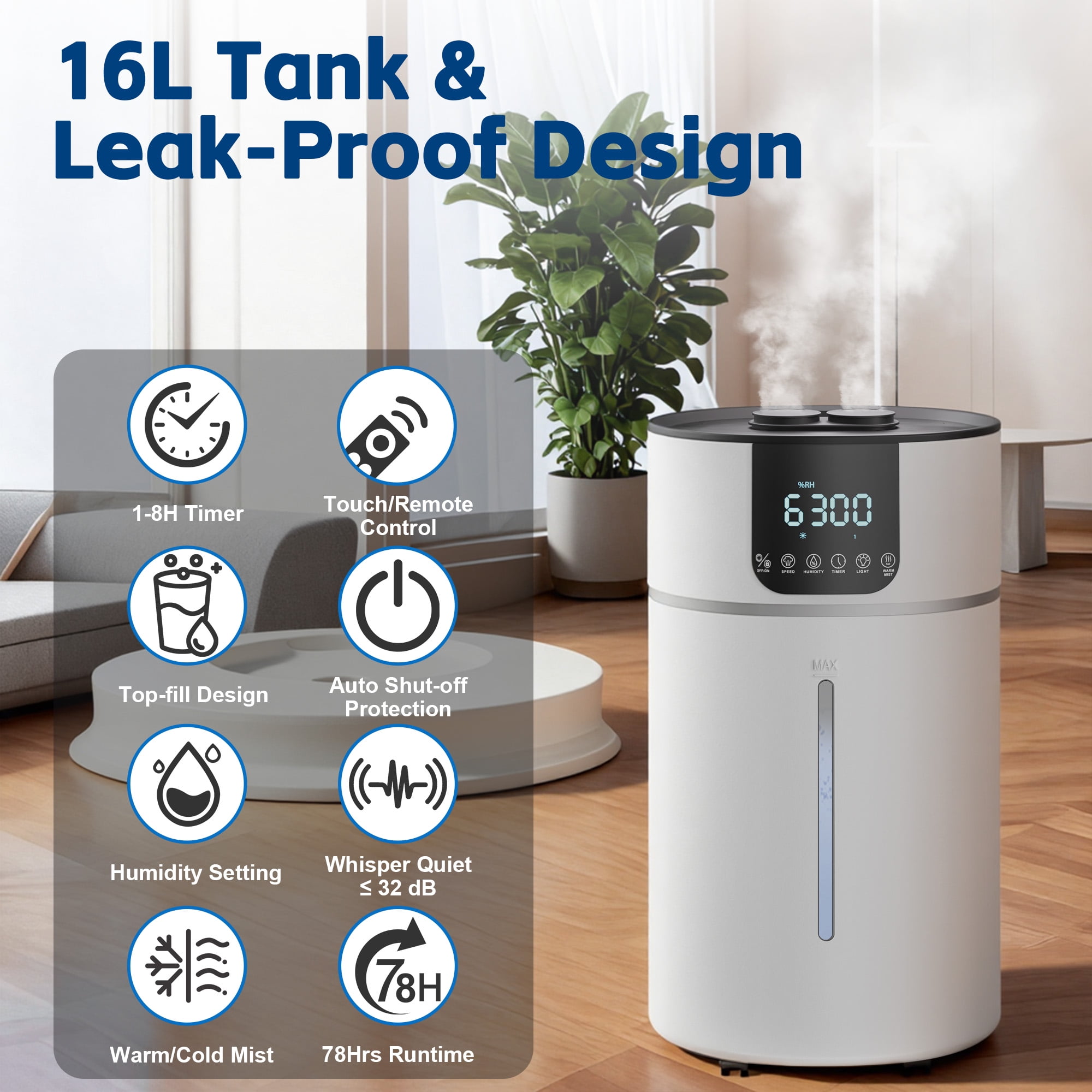DHOLE Large Room Warm Mist Humidifier, Whole House Dual Mist Output (White, 4.23 gal) 073ky