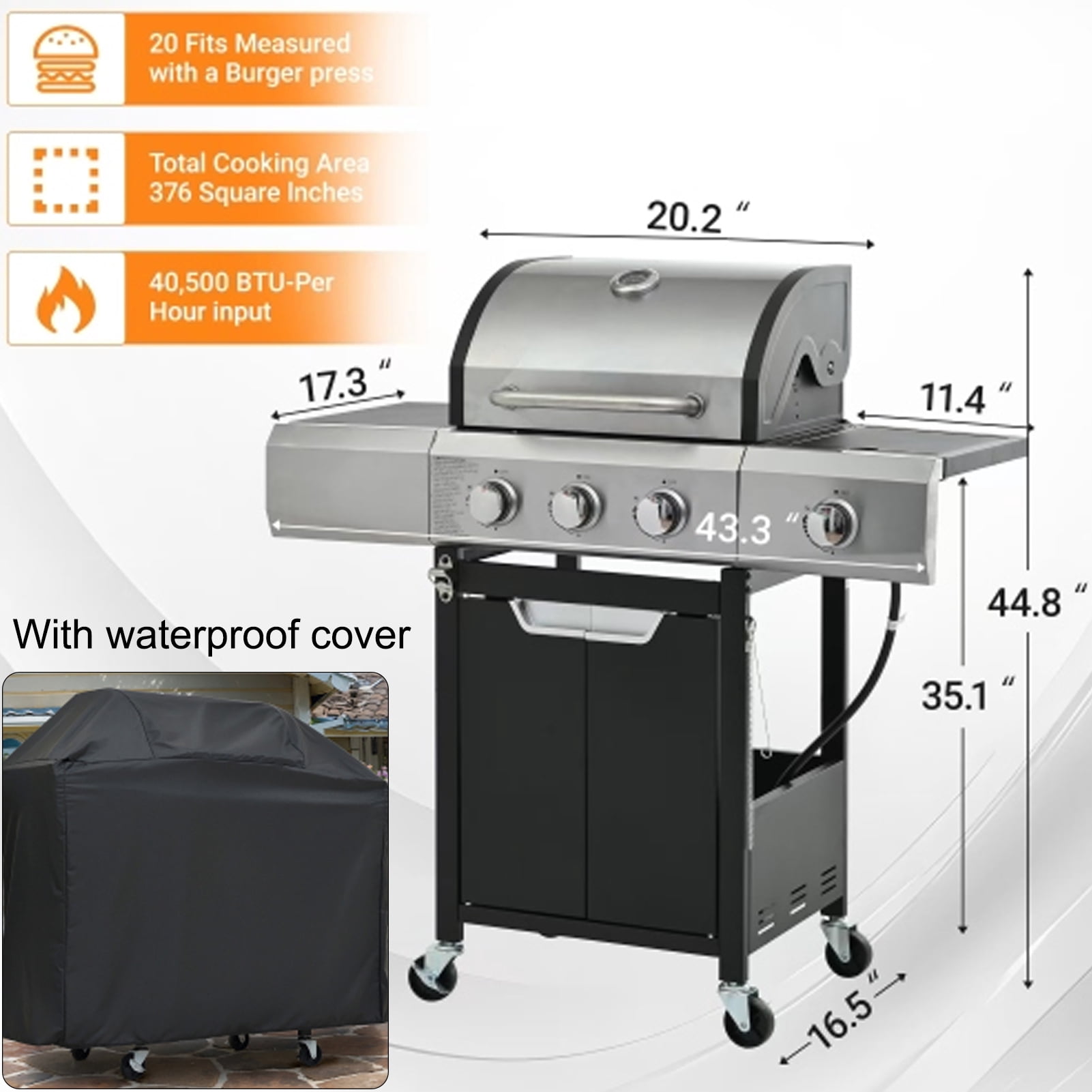 XXLYY 4-Burner Propane Gas Grill with Side Burner and Rain Cover, Stainless Steel Outdoor BBQ Grill (Black, 465 sq in) wrgyr
