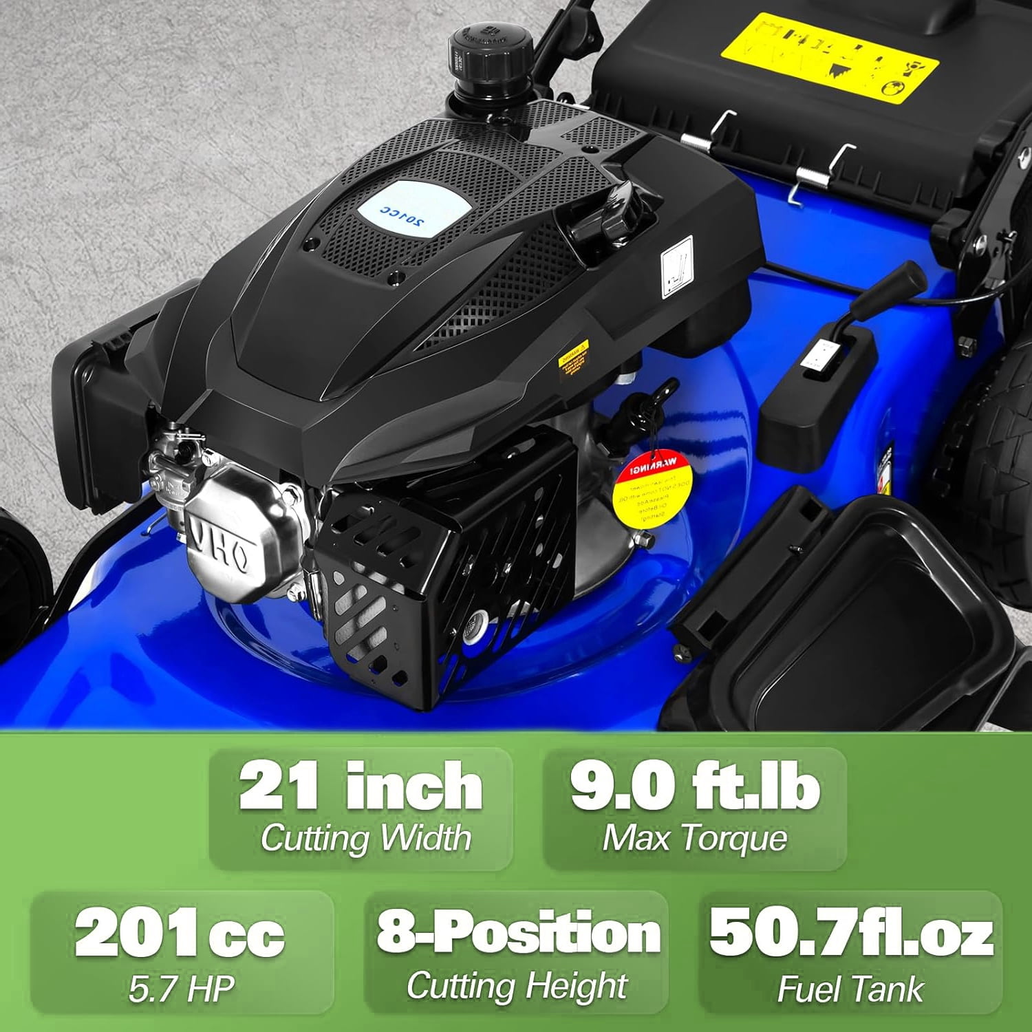 Hykolity Self-Propelled Gas Lawn Mower, 201cc 4-Cycle Engine, 3-in-1 Cutting System (Blue, 21 in) 8ekt8