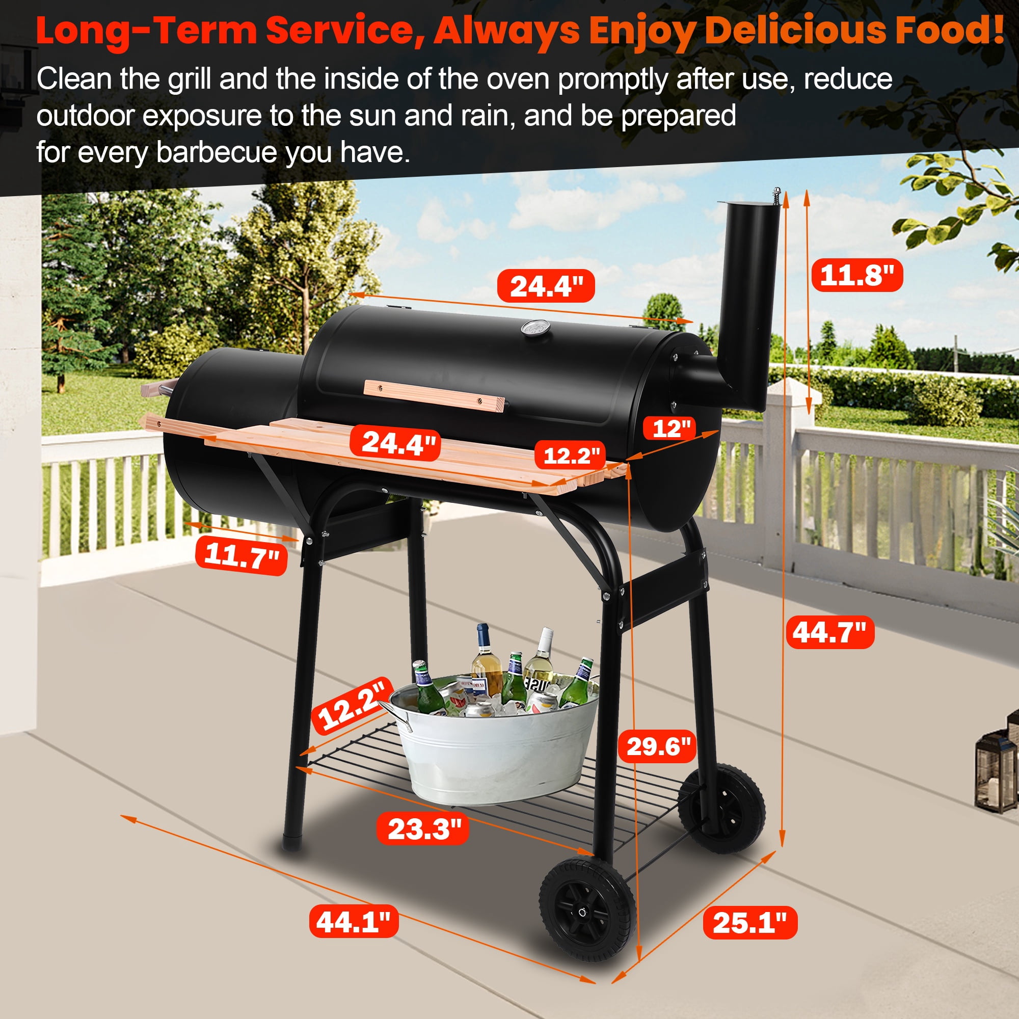 Seizeen Charcoal Grill with Offset Smoker, Outdoor BBQ Grill with Side Table (Black, 44 in x 25 in x 45 in) dq2j8